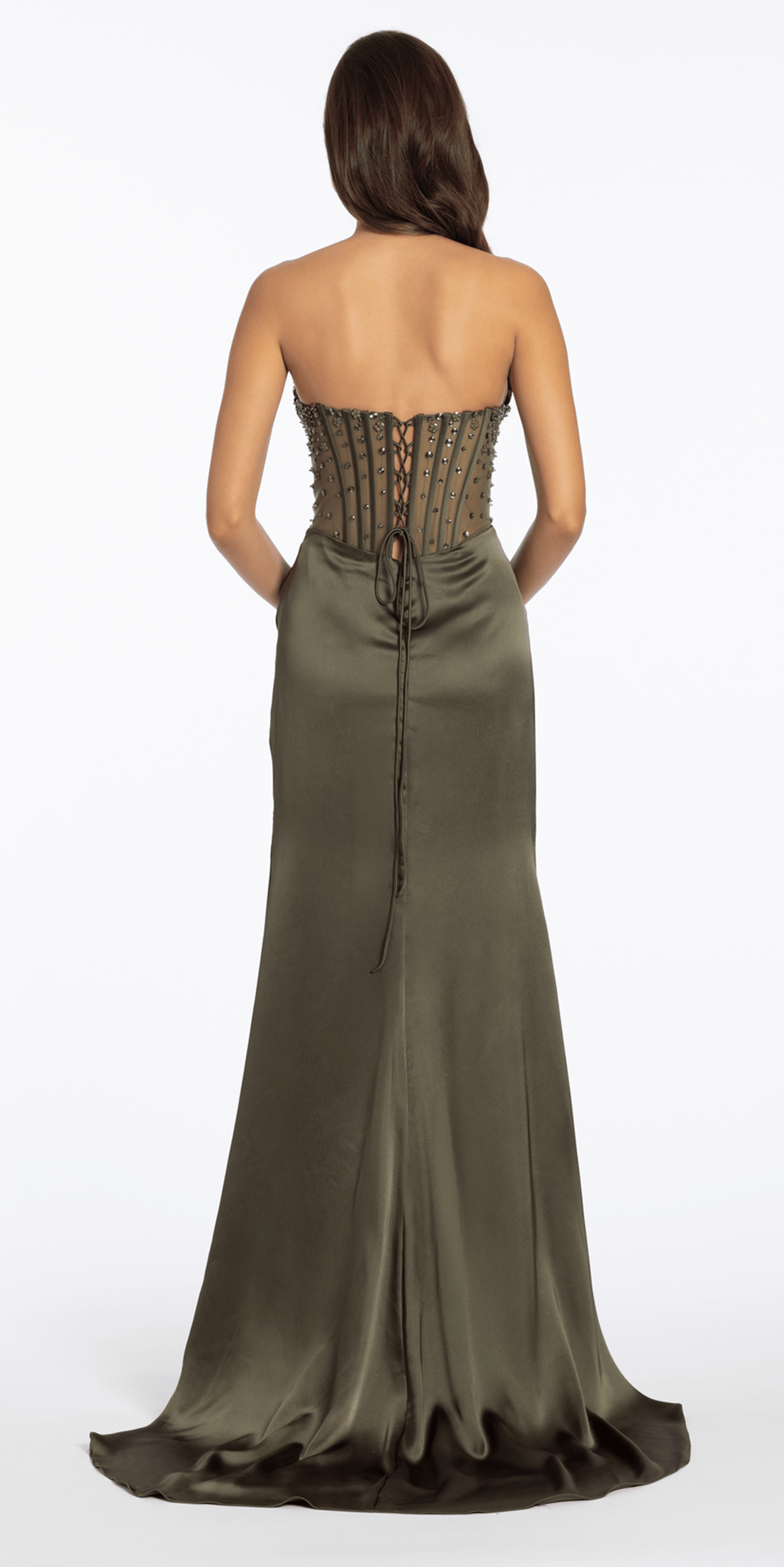 Camille La Vie Strapless Satin Embellished Corset Column Dress