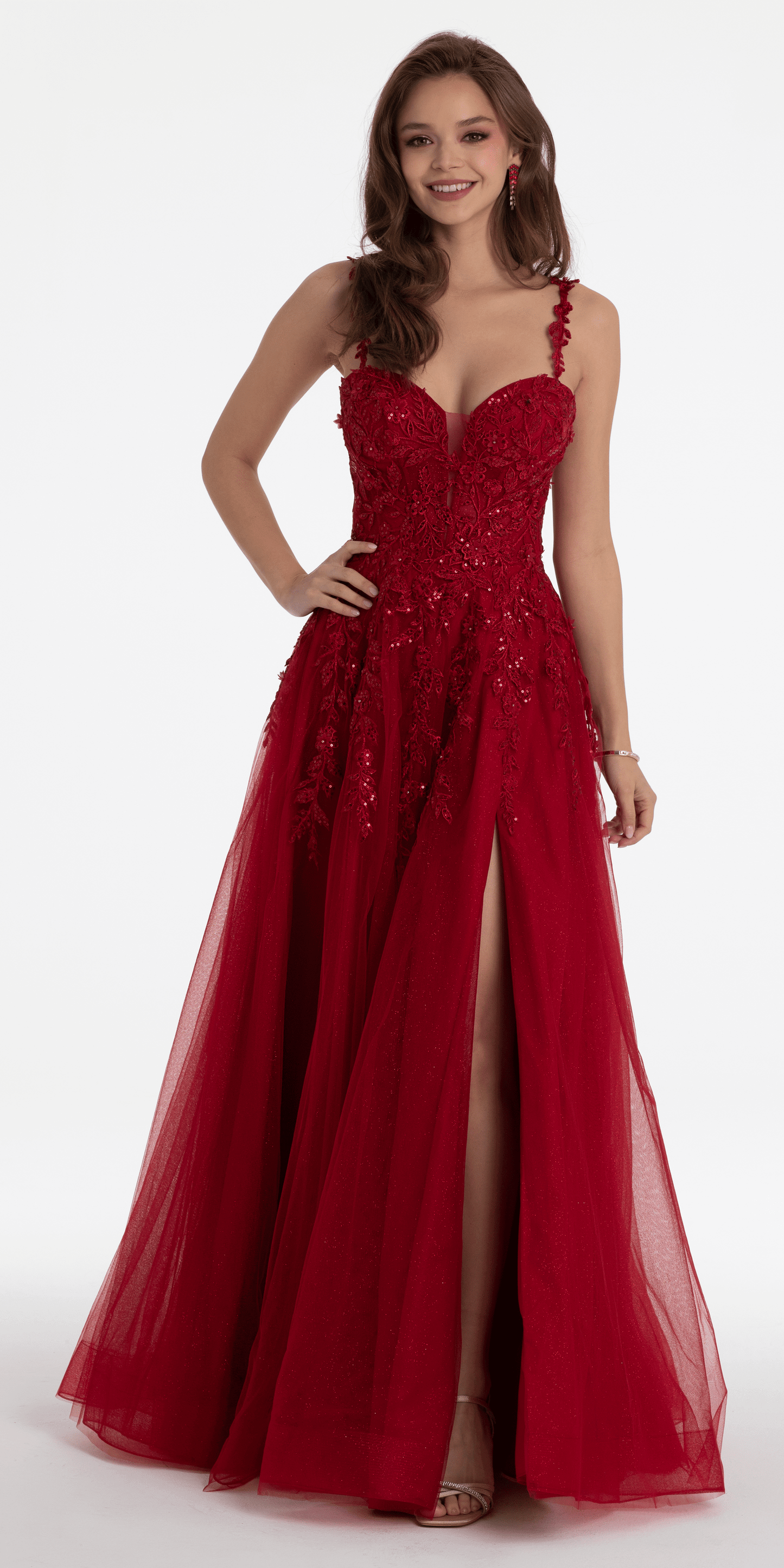 Camille La Vie/ Embroidered Sweetheart Tulle Ballgown with Side Slit /missy/ size /0 / wine/ front
