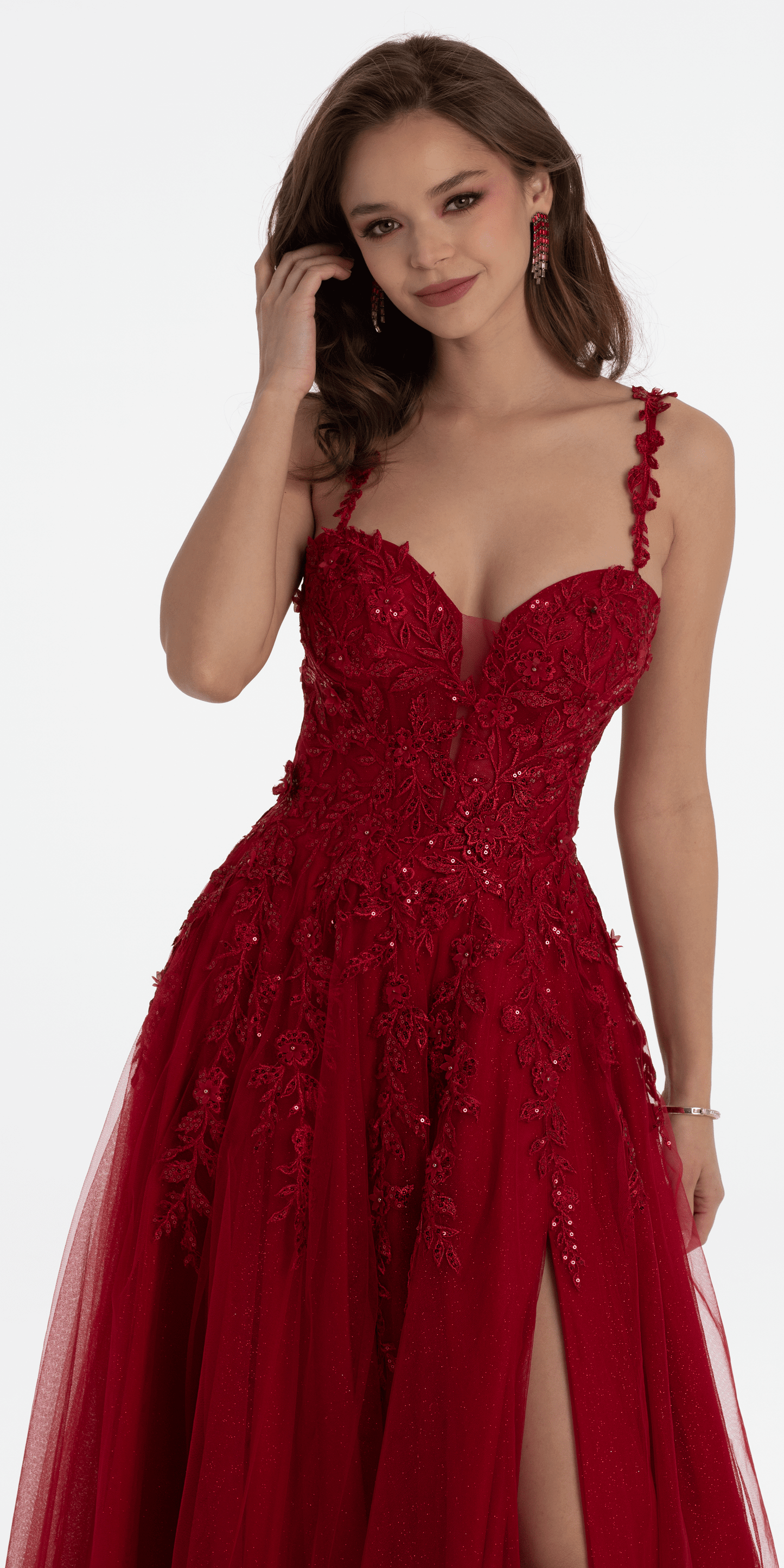 Camille La Vie/ Embroidered Sweetheart Tulle Ballgown with Side Slit /missy/ size /0 / wine/front alt