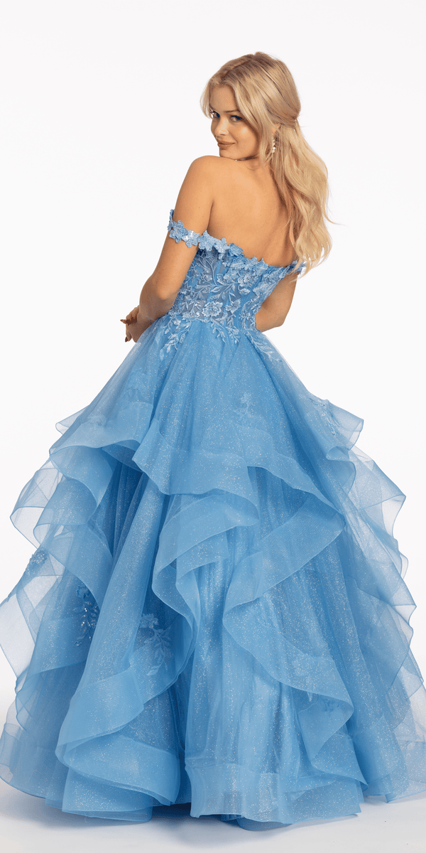 Floral Embroidered Off the Shoulder Tulle Tiered Ballgown - View 3 | Shop Formal Dress