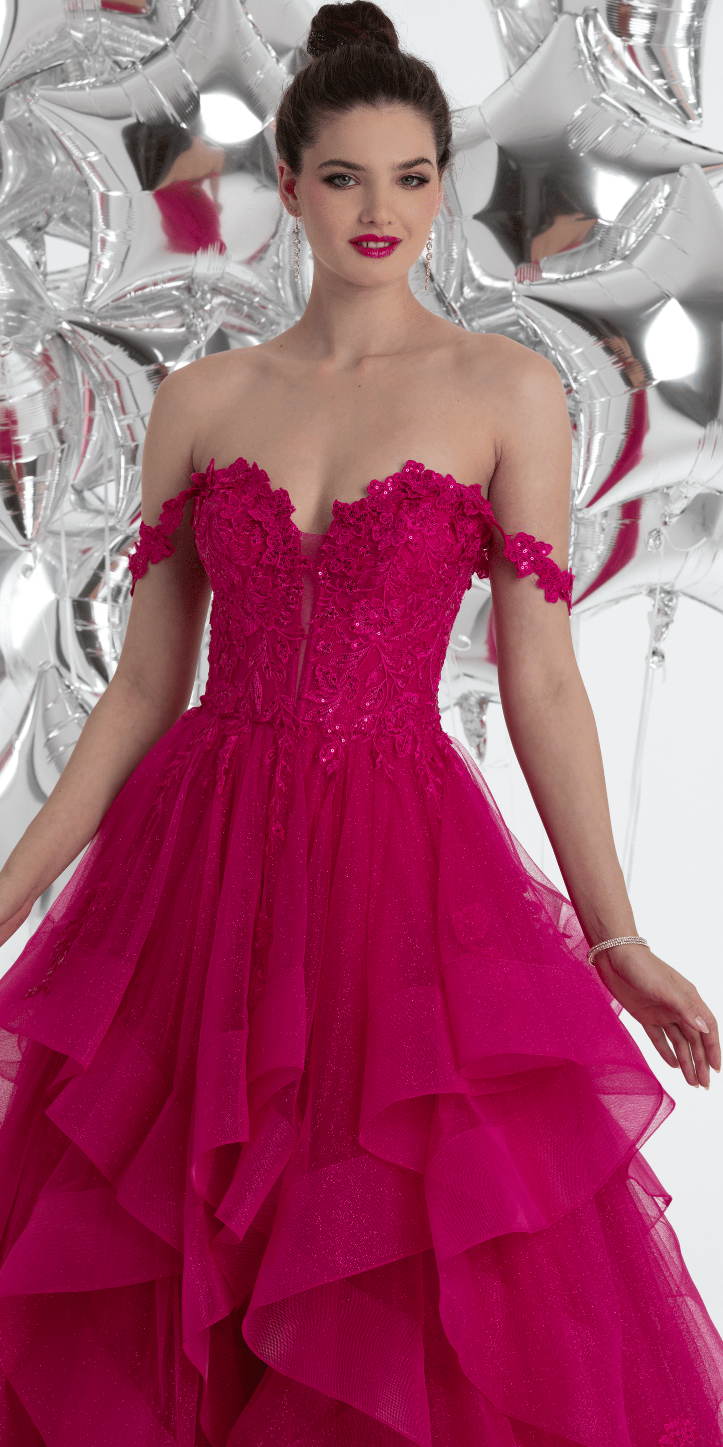 Camille La Vie/ Floral Embroidered Off the Shoulder Tulle Tiered Ballgown /missy/ size/ 0/ bright pink/ front alt