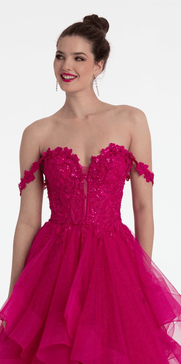 Floral Embroidered Off the Shoulder Tulle Tiered Ballgown - View 6 | Shop Formal Dress