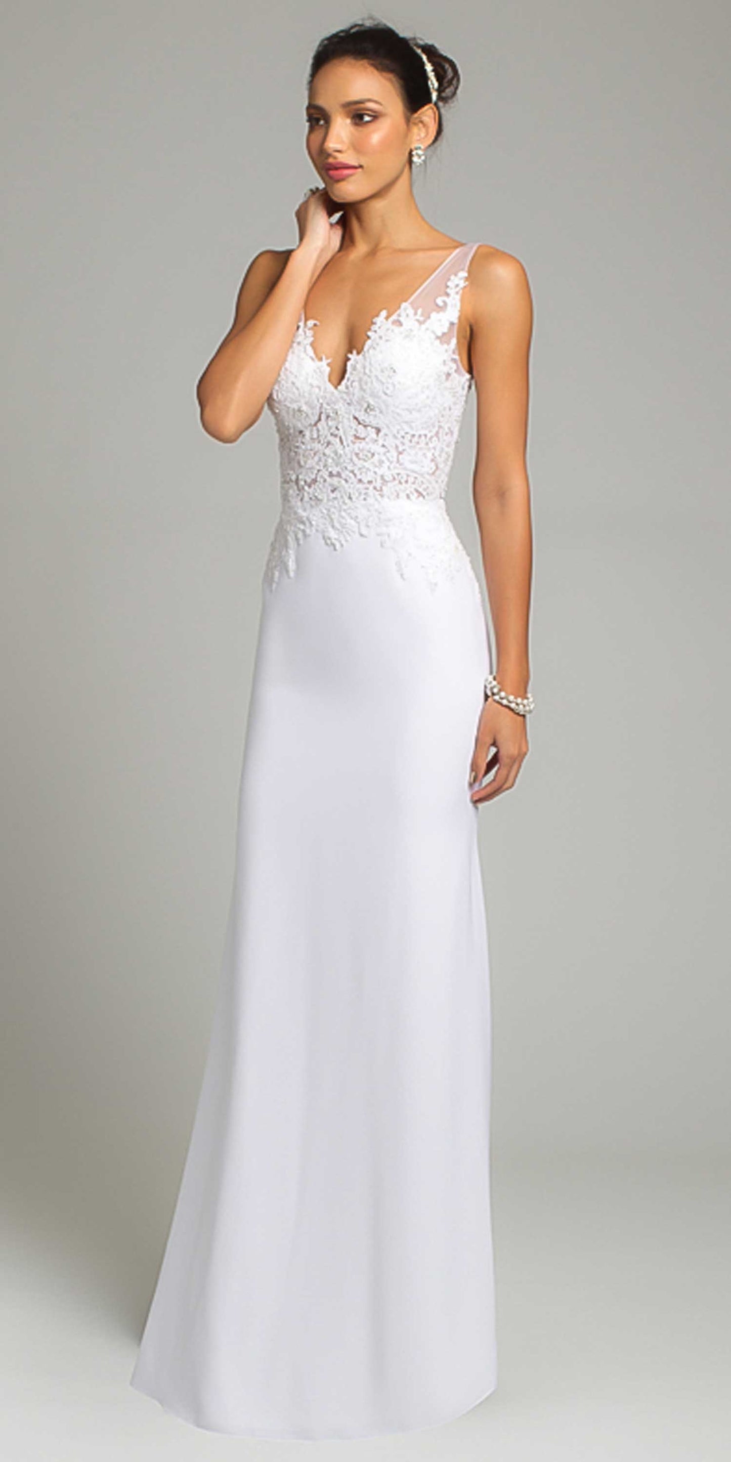 Camille La Vie Lace Applique Illusion Bodice Crepe Dress