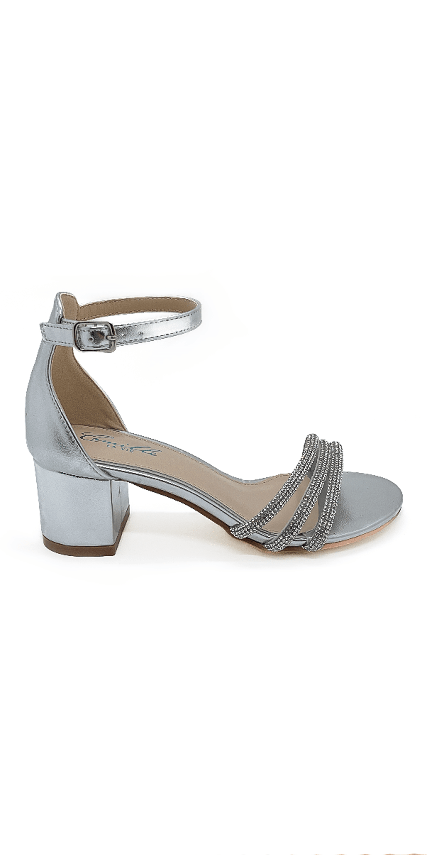 Camille La Vie/ Scooter Metallic Low Block Heel Rhinestone Sandal/Size 5.5/Silver/Right