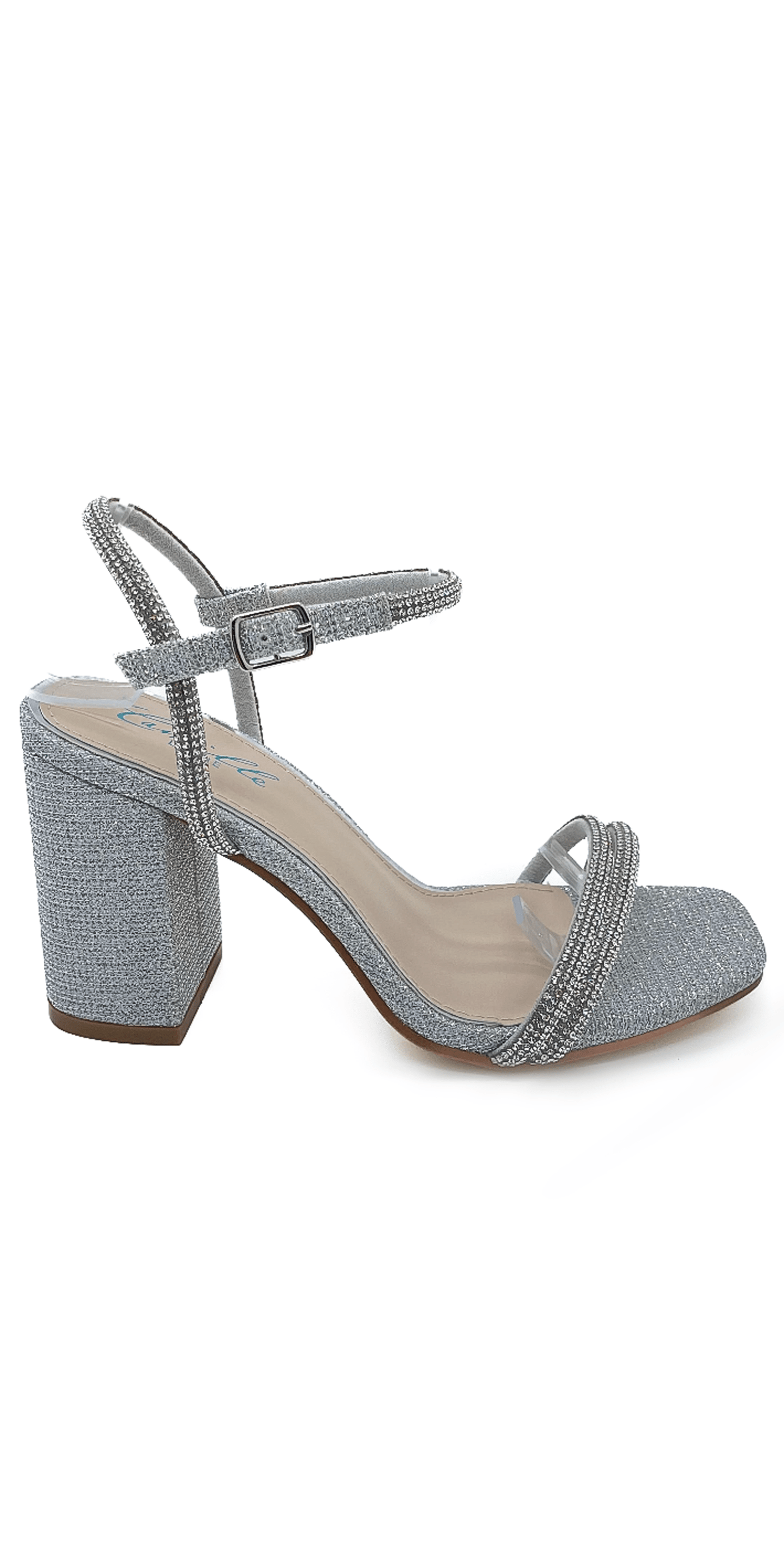 Silver/ Size 7/Camille La Vie/ Glitter Double Strap Rhinestone Block Heel Sandal/Right
