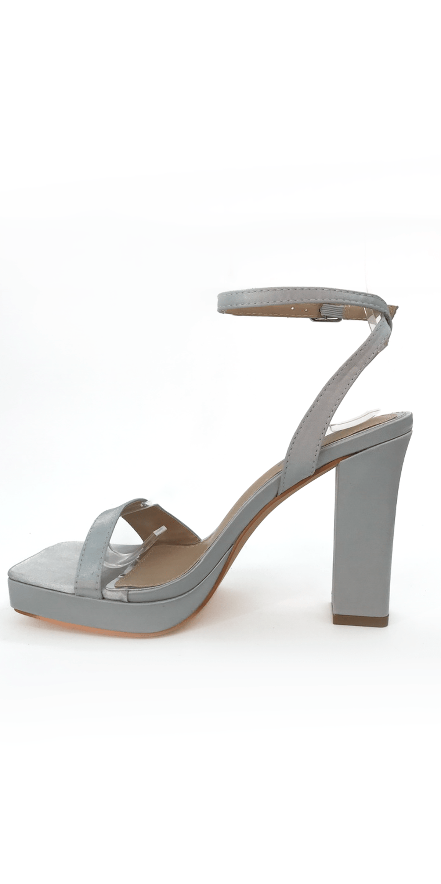 Camille La Vie /Satin Block Heel Platform Ankle Strap Sandal /Size 5.5 / silver/ left
