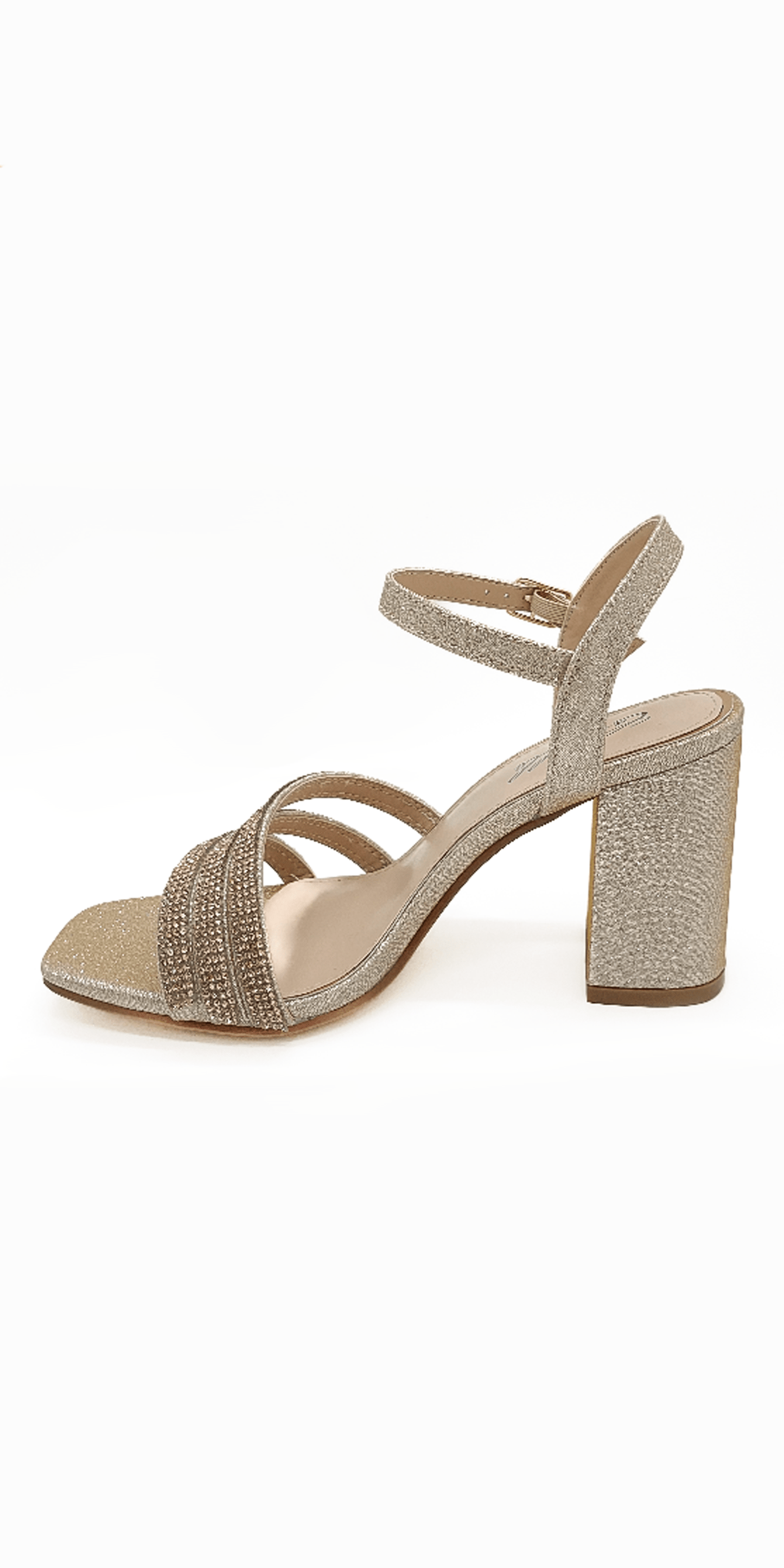 Champagne/ Size 7/Camille La Vie/ Glitter Double Strap Rhinestone Block Heel Sandal/Left