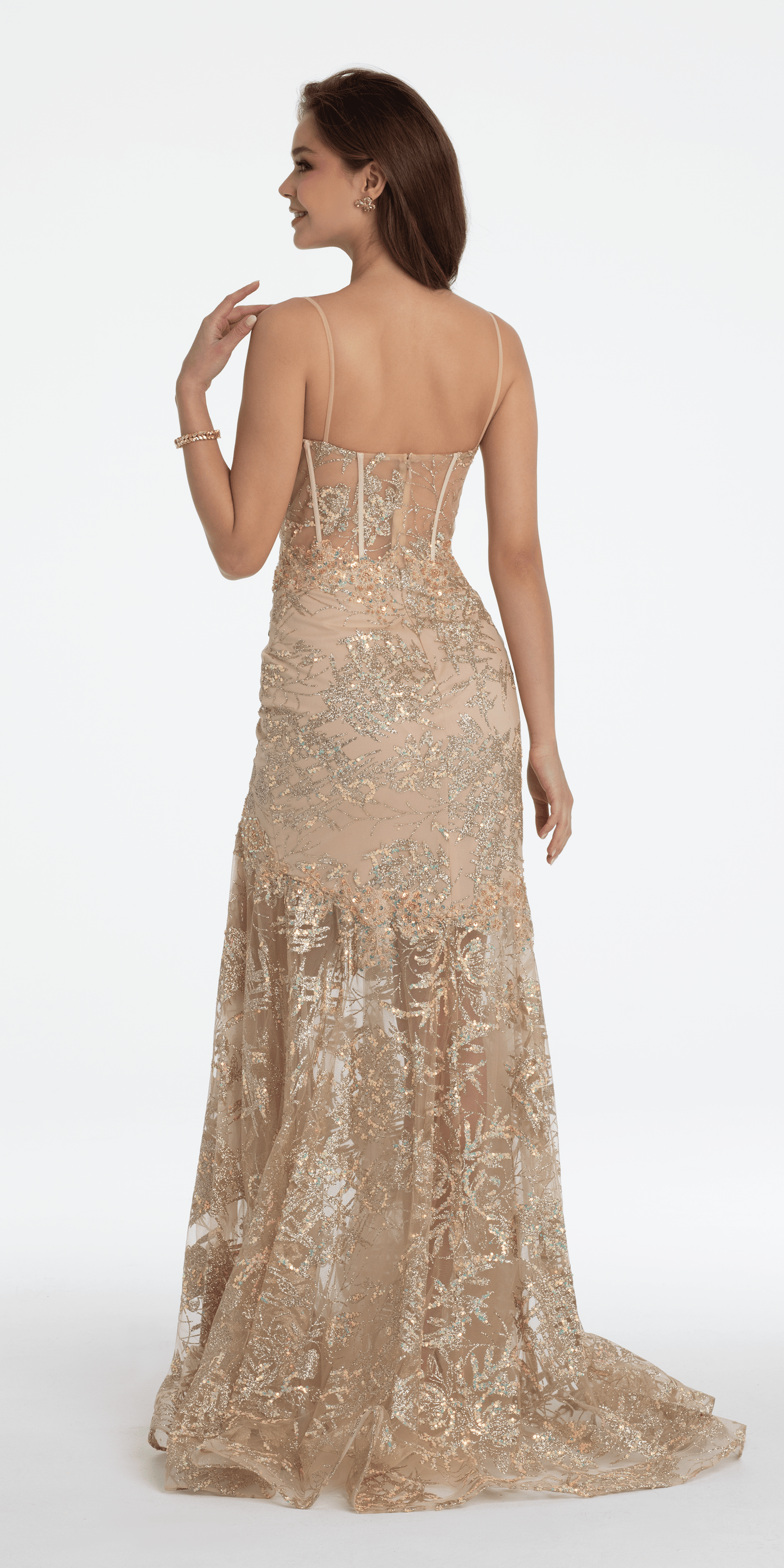 light-gold Size 0 missy Camille La Vie Illusion Plunge Corset Beaded Trumpet Dress