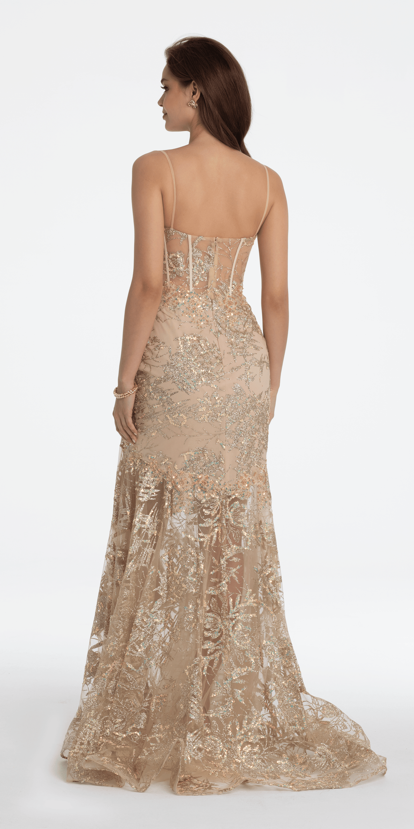 light-gold/size/0/missy/Camille La Vie/Illusion Plunge Corset Beaded Trumpet Dress/back alt