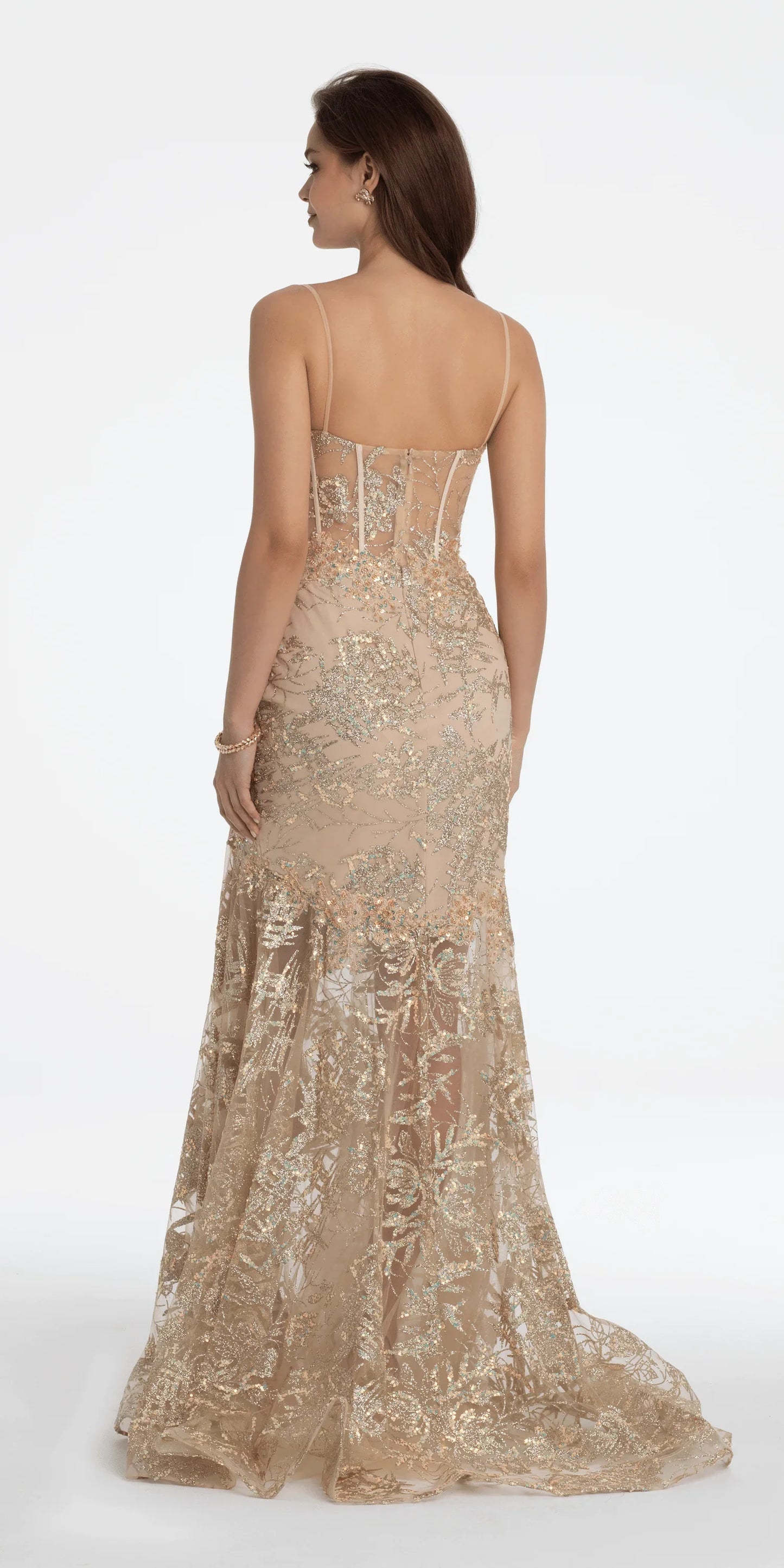 light-gold/size/4/missy/Camille La Vie/Illusion Plunge Corset Beaded Trumpet Dress/back alt