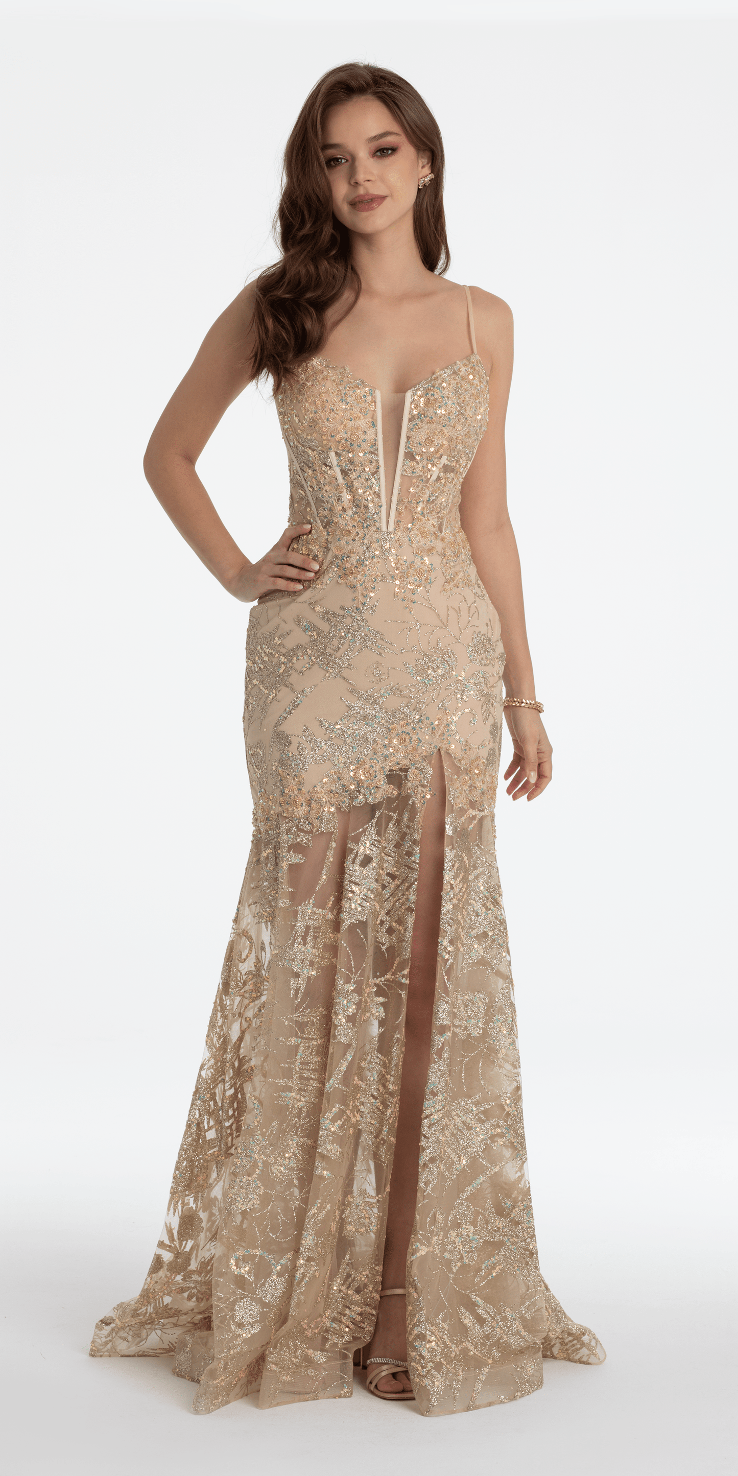 light-gold Size 0 missy Camille La Vie Illusion Plunge Corset Beaded Trumpet Dress