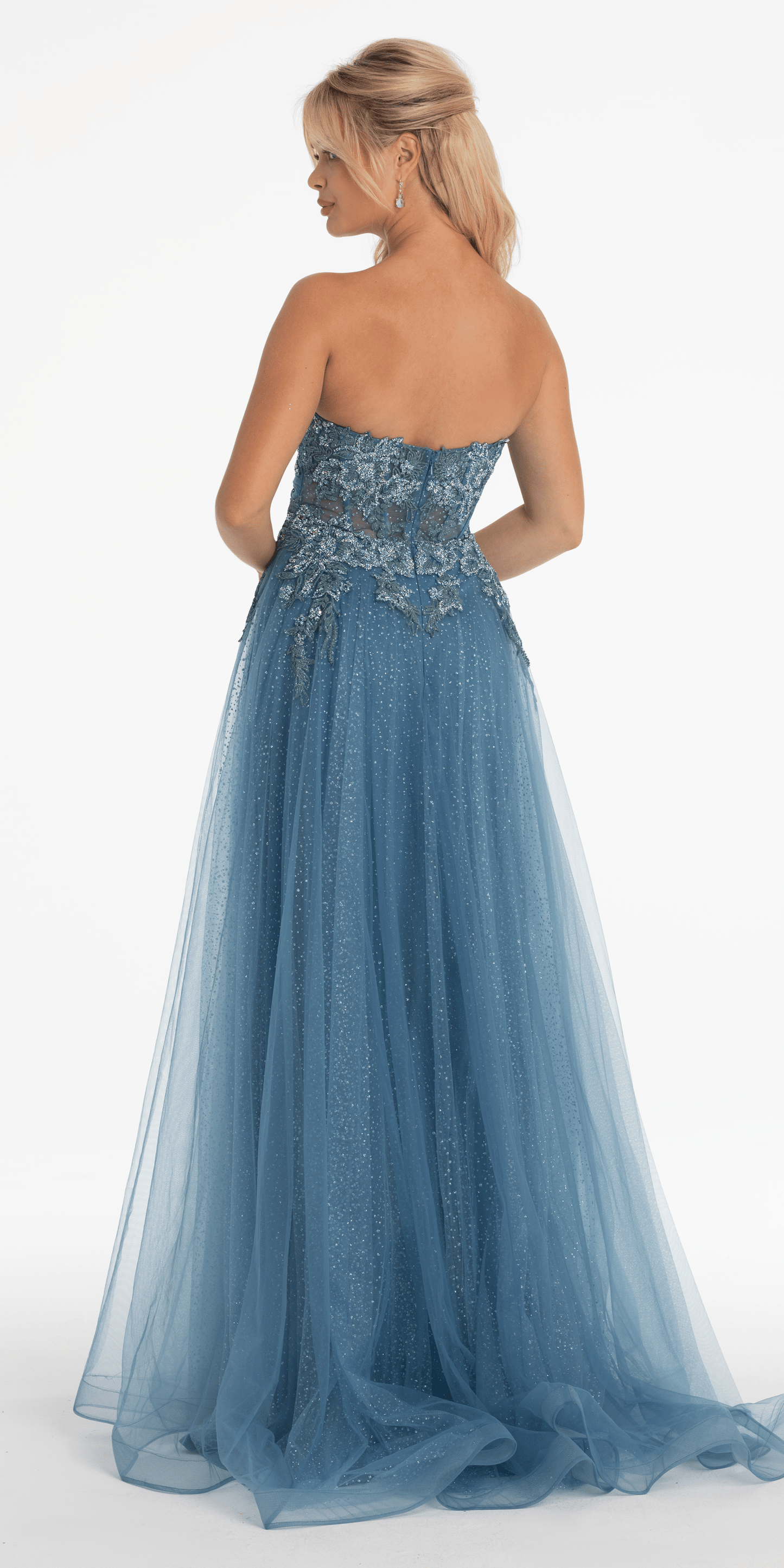 denim-blue Size 0 missy Camille La Vie Strapless Glitter Embroidered Sweetheart Puff Sleeve Ballgown