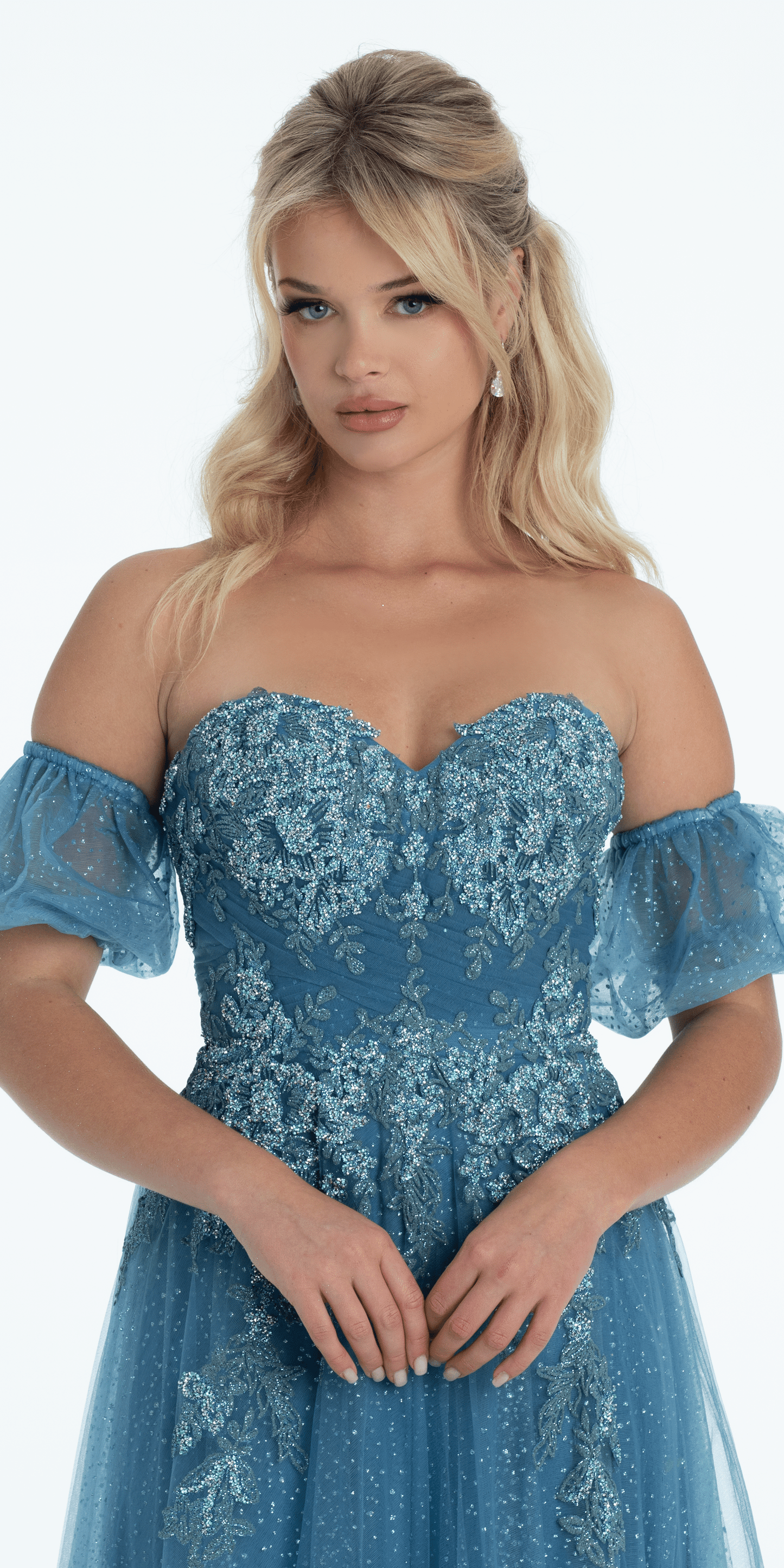 denim-blue Size 0 missy Camille La Vie Strapless Glitter Embroidered Sweetheart Puff Sleeve Ballgown