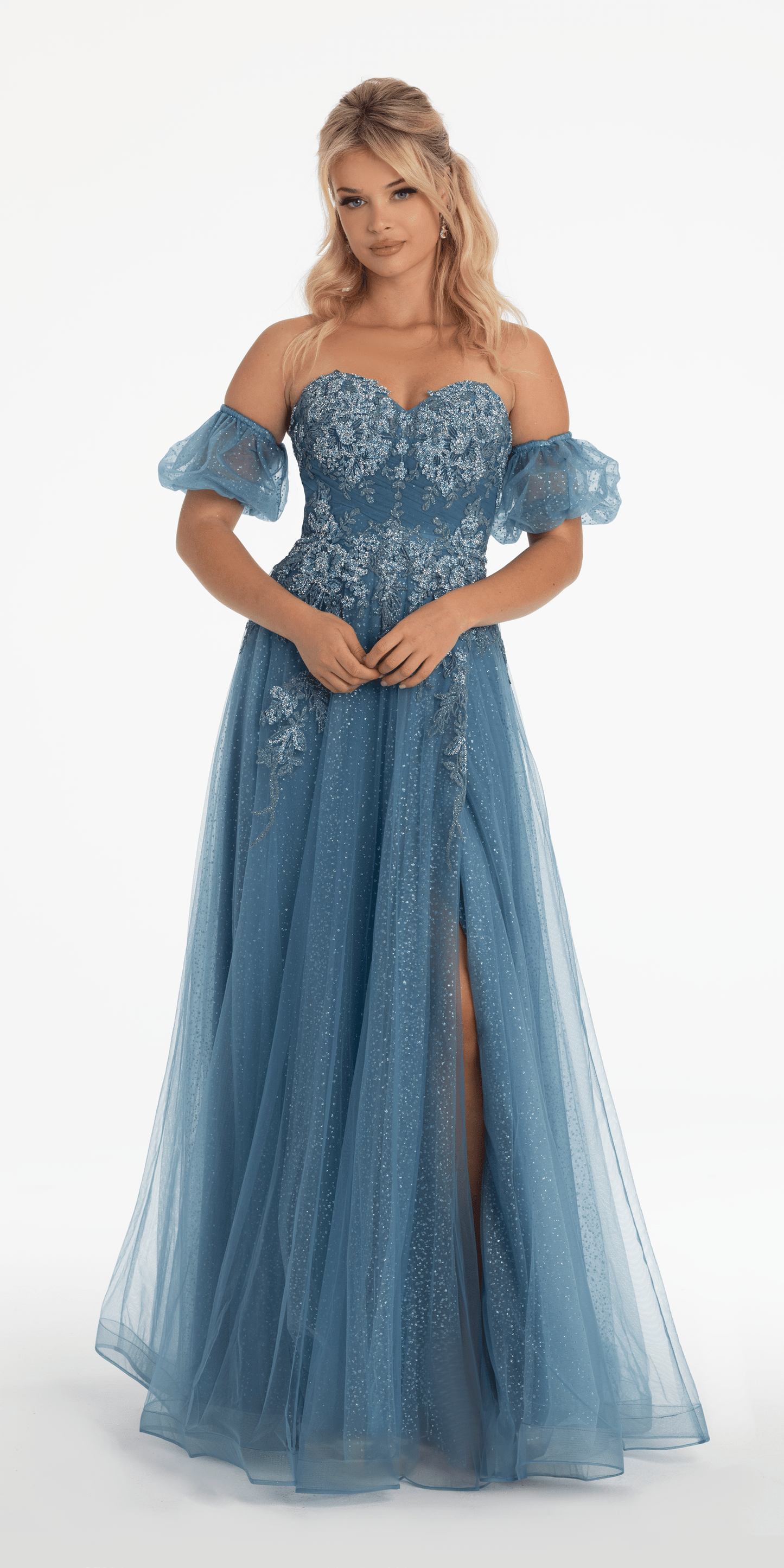 denim-blue Size 0 missy Camille La Vie Strapless Glitter Embroidered Sweetheart Puff Sleeve Ballgown