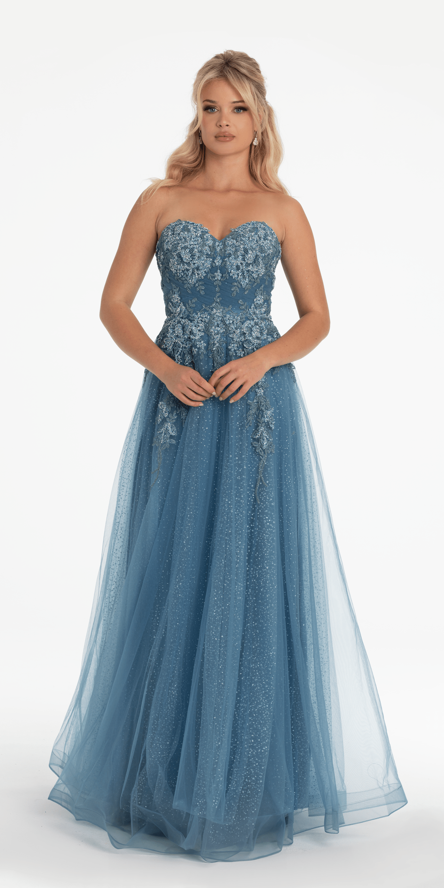 denim-blue Size 0 missy Camille La Vie Strapless Glitter Embroidered Sweetheart Puff Sleeve Ballgown