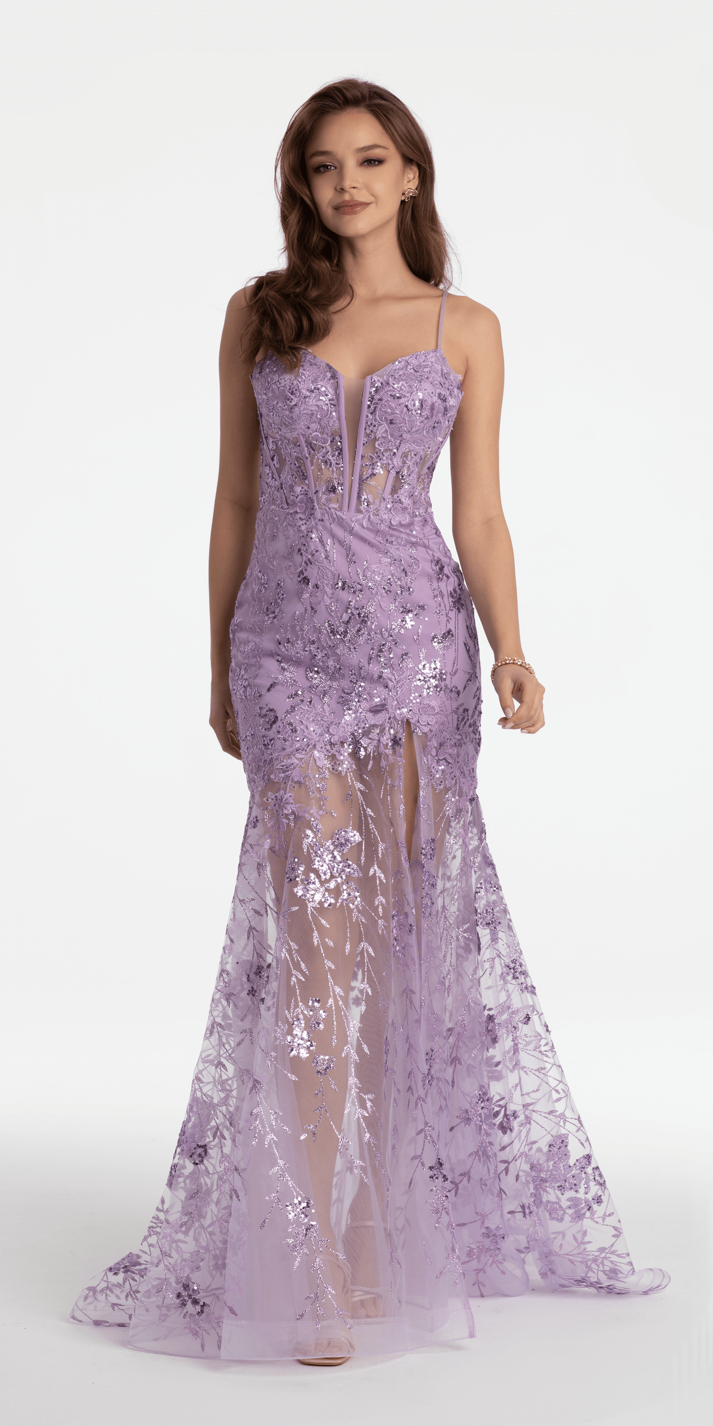 Camille La Vie/ Embroidered Plunging Corset Dress with Sheer Trumpet Skirt /missy /size /0 /lilac/ front