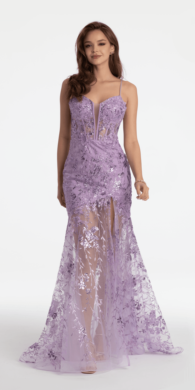 Embroidered Plunging Corset Dress with Sheer Trumpet Skirt Image 1