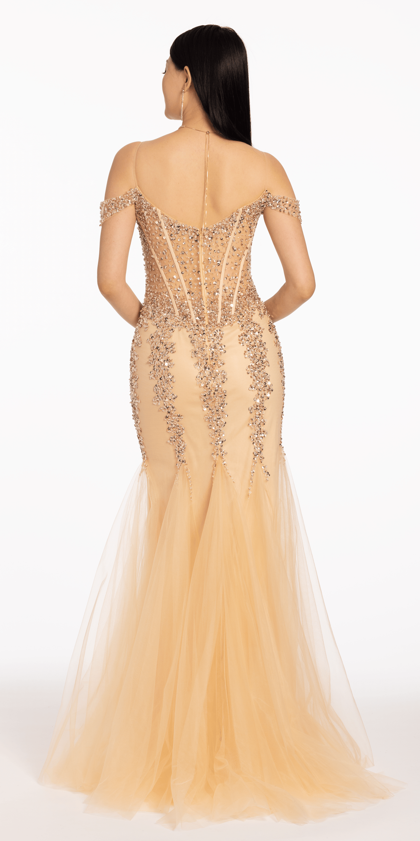 light-gold Size 0 missy Camille La Vie Illusion Corset Off the Shoulder Godet Dress