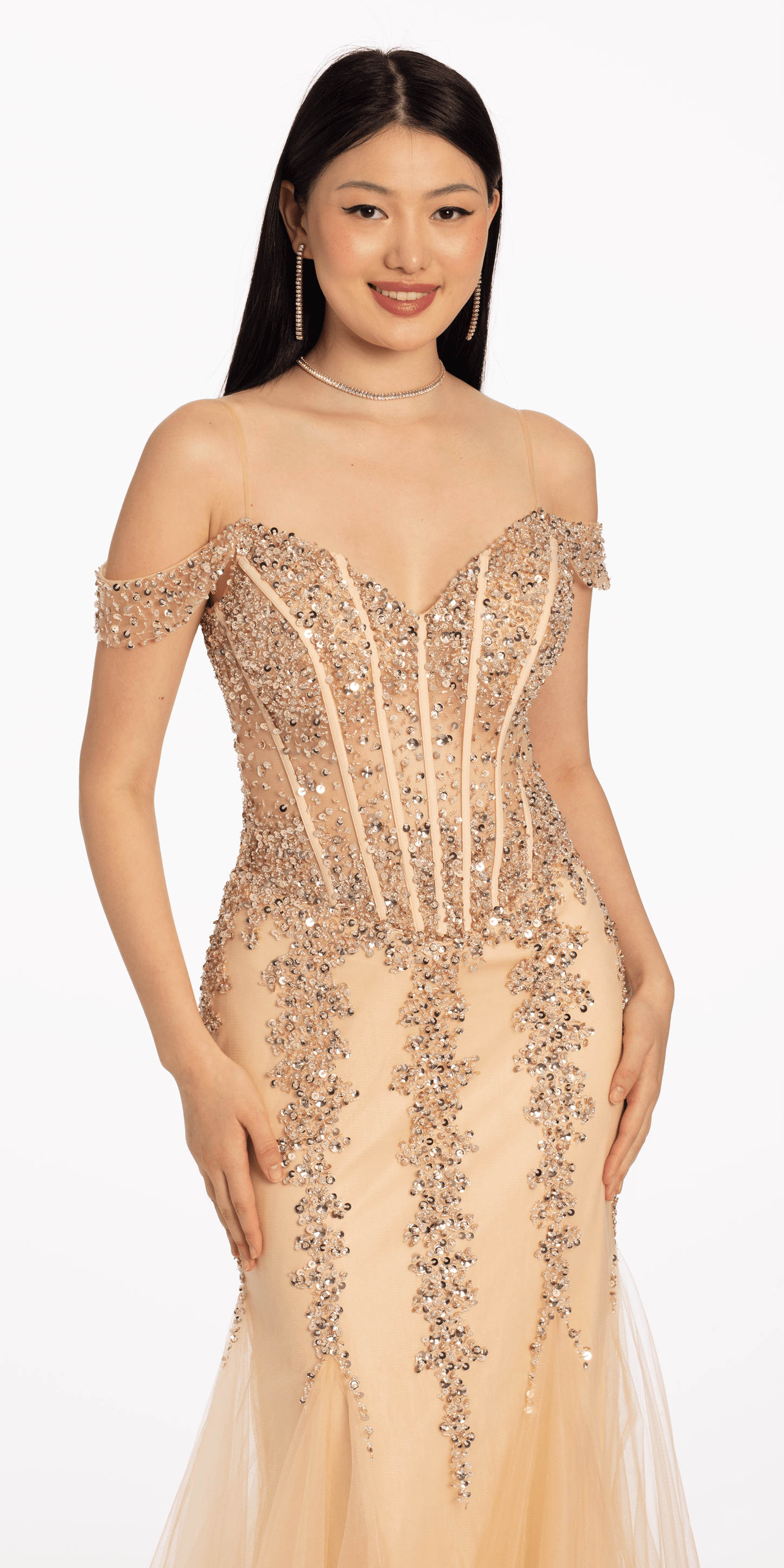 light-gold/size/0/missy/Camille La Vie/Illusion Corset Off the Shoulder Godet Dress/close up alt