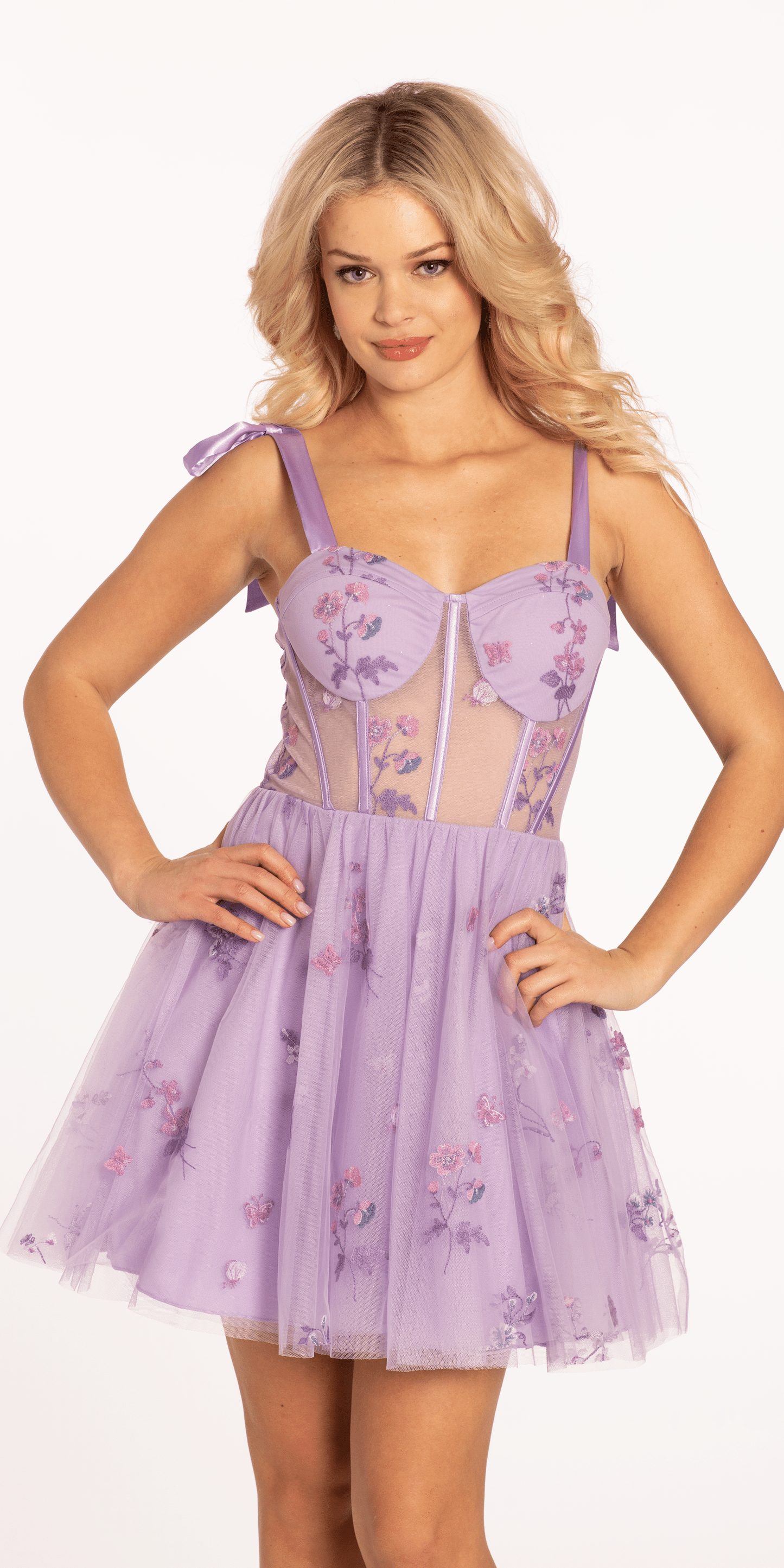 Camille La Vie Mesh Floral Embroidered Corset Fit and Flare Dress