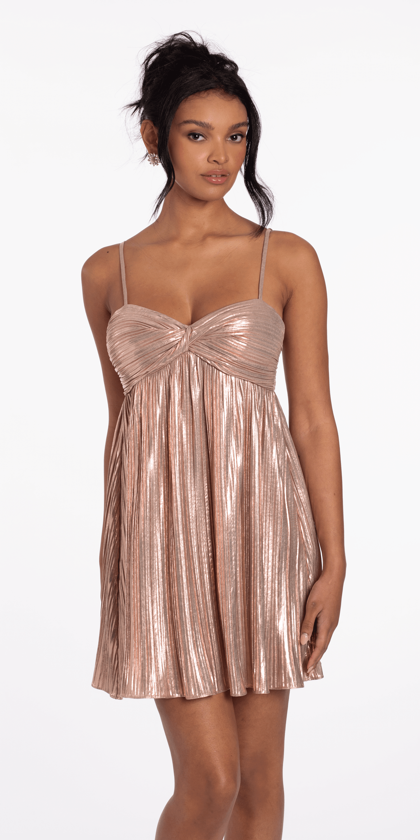 Camille La Vie/Two Tone Foil Pinstripe Twisted Sweetheart Babydoll Dress/ missy/ Size/4/ rose gold/front