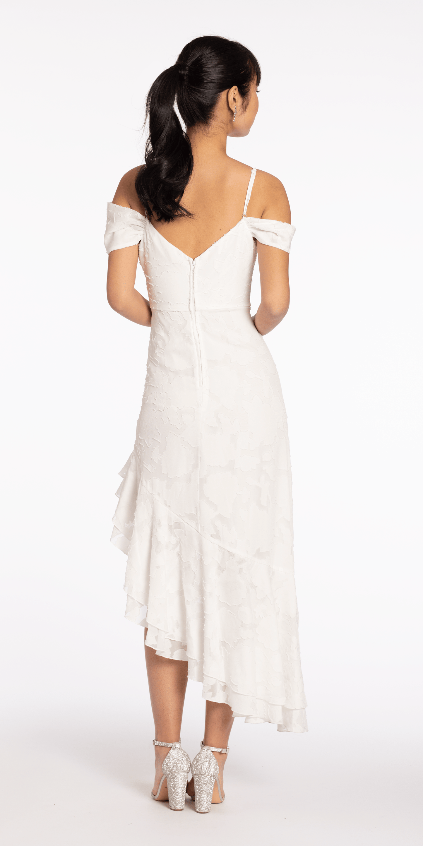 Ivory Size XS Missy Camille La Vie Chiffon Off the Shoulder Drape Asymmetrical Dress