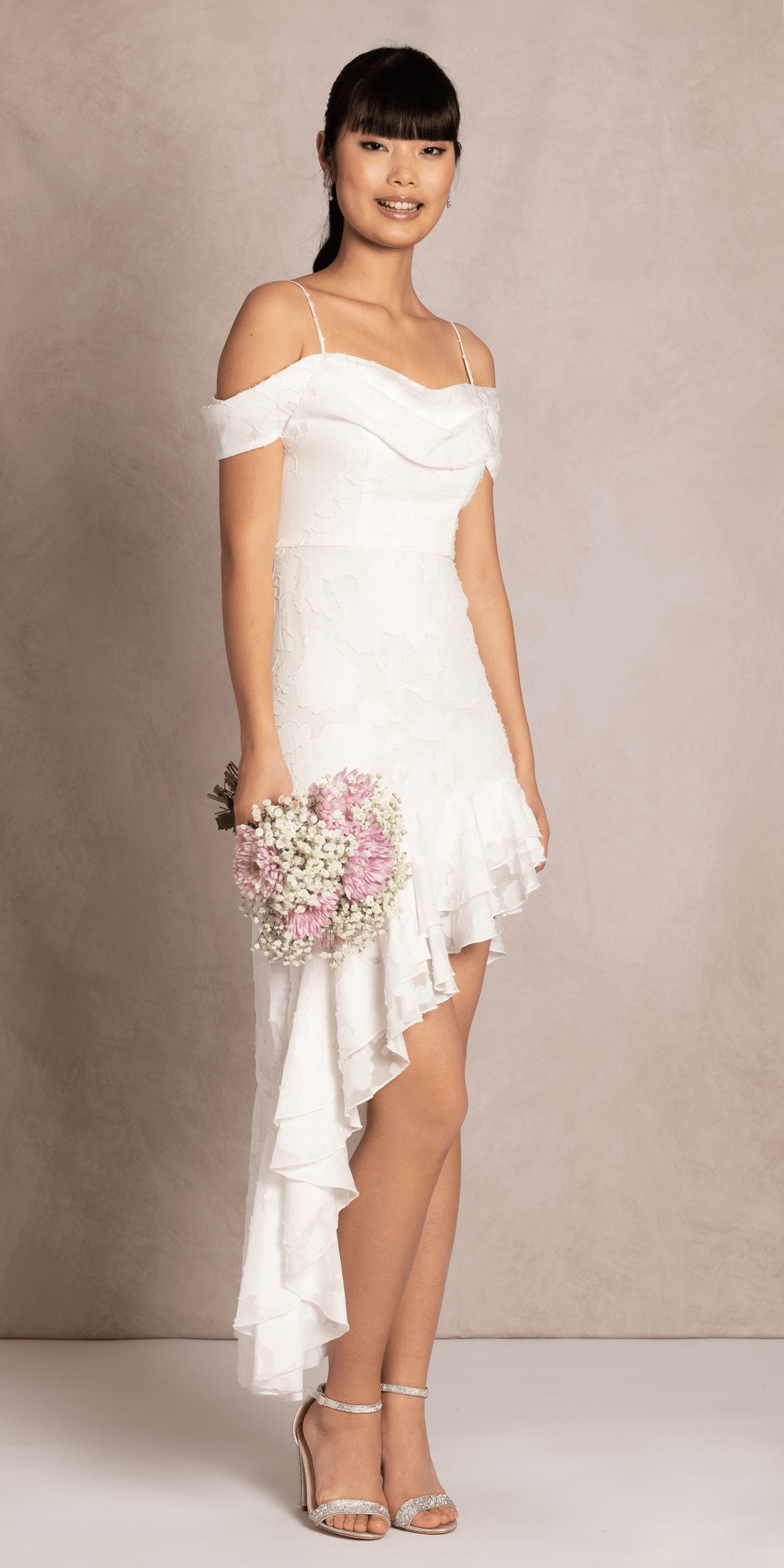 Ivory Size XS Missy Camille La Vie Chiffon Off the Shoulder Drape Asymmetrical Dress