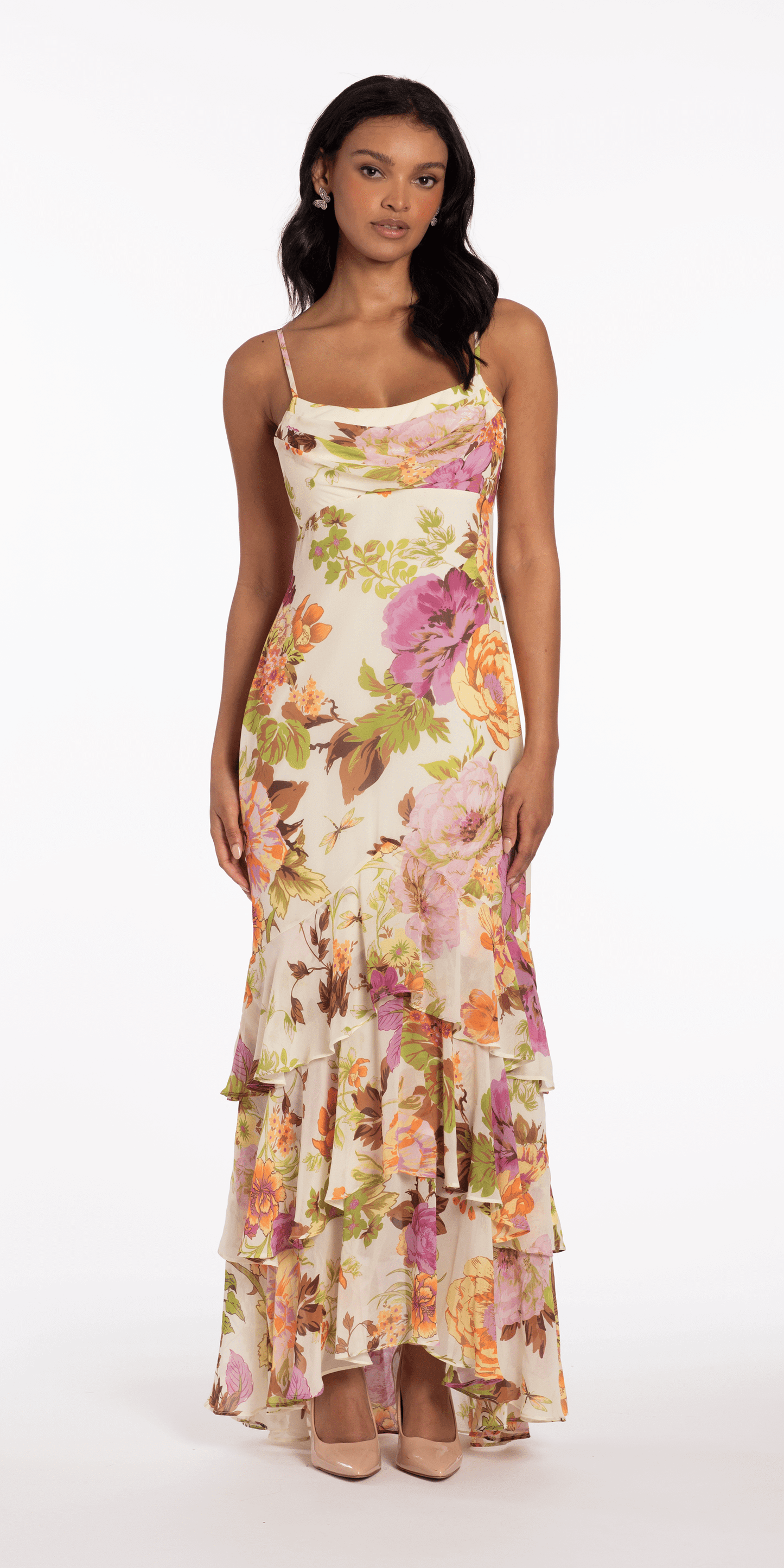 Camille La Vie/Floral Print Chiffon Drape Front Ruffle High-Low Dress/ missy/ size /4/multi/ front alt 2