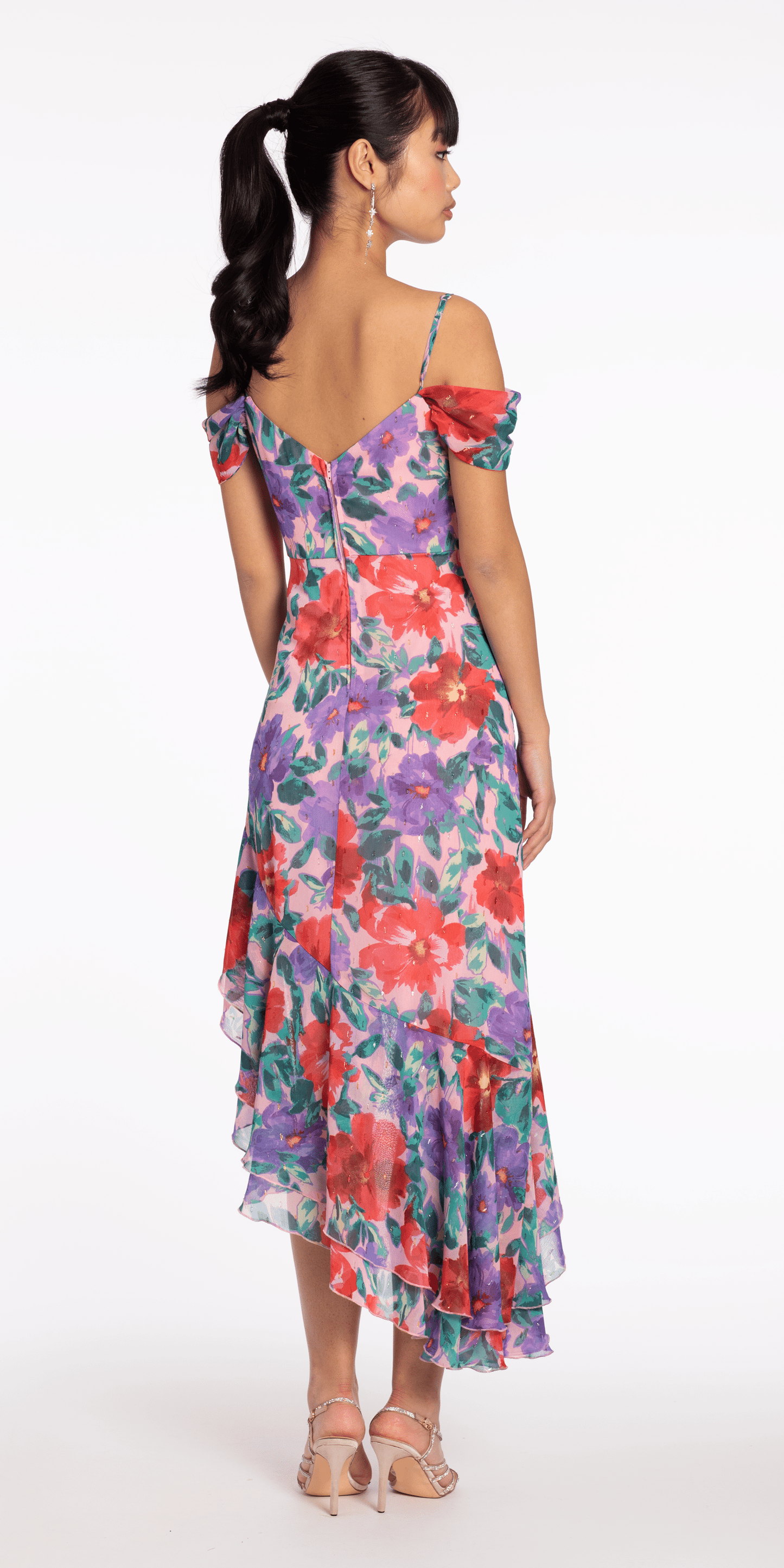 Multi Size XS missy Camille La Vie Chiffon Watercolor Tiered Asymmetrical Dress