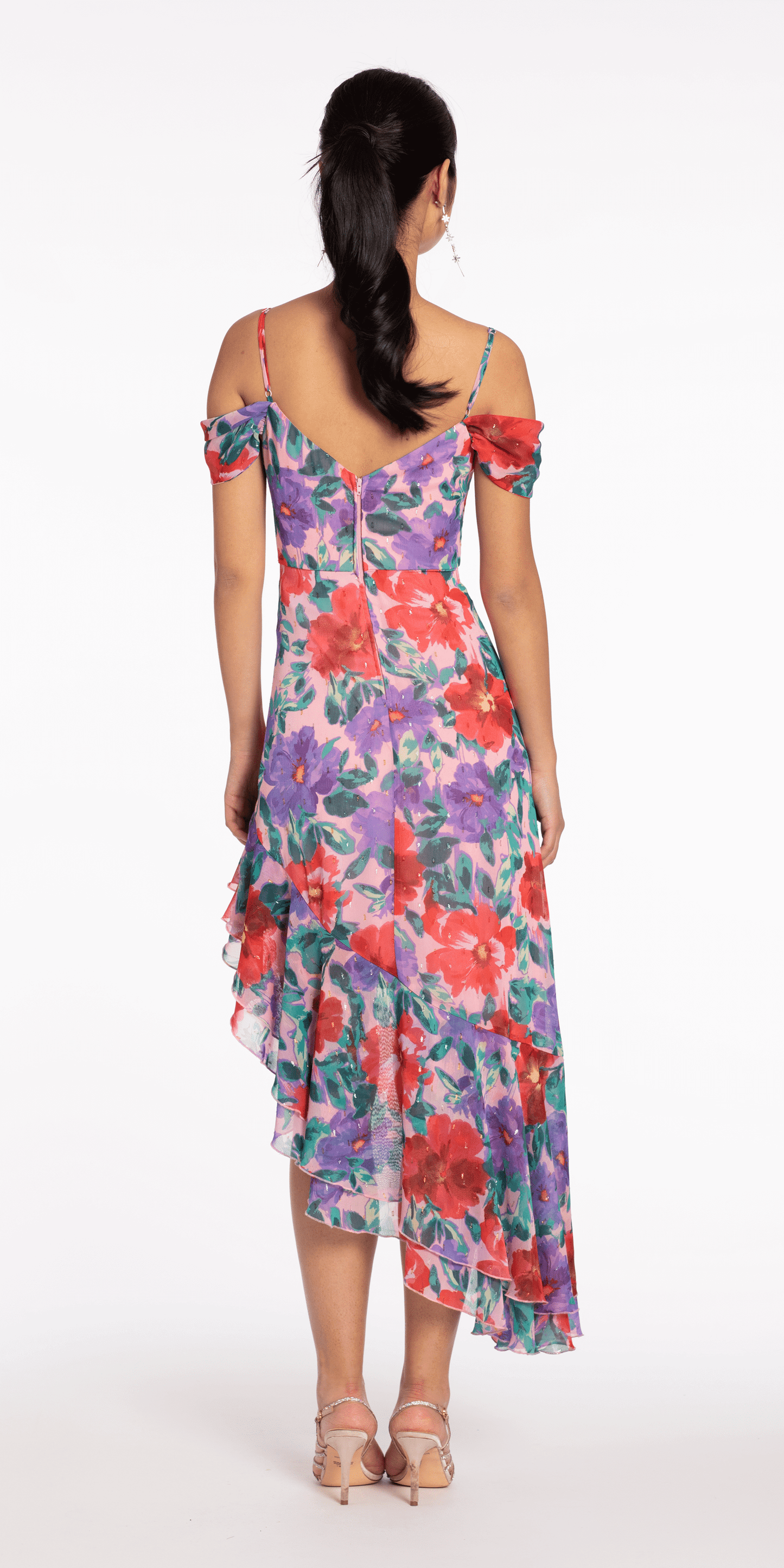 multi/size/XS/missy/Camille La Vie/Chiffon Watercolor Tiered Asymmetrical Dress/back alt