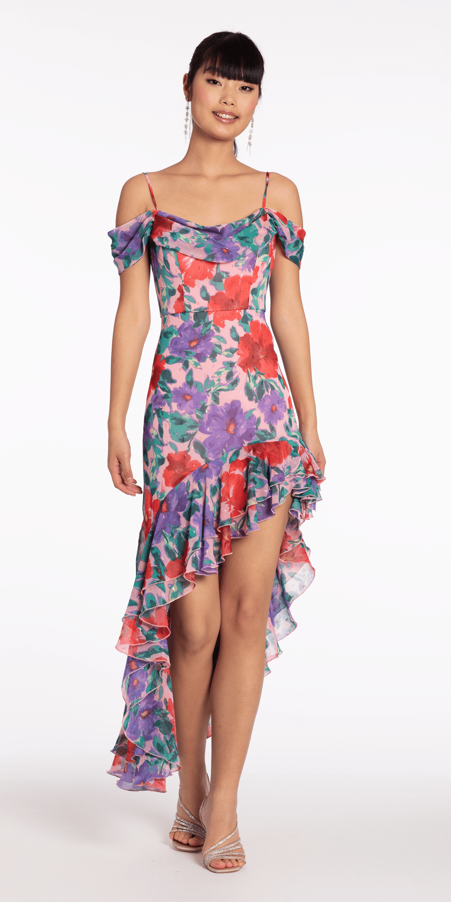 Multi Size XS missy Camille La Vie Chiffon Watercolor Tiered Asymmetrical Dress