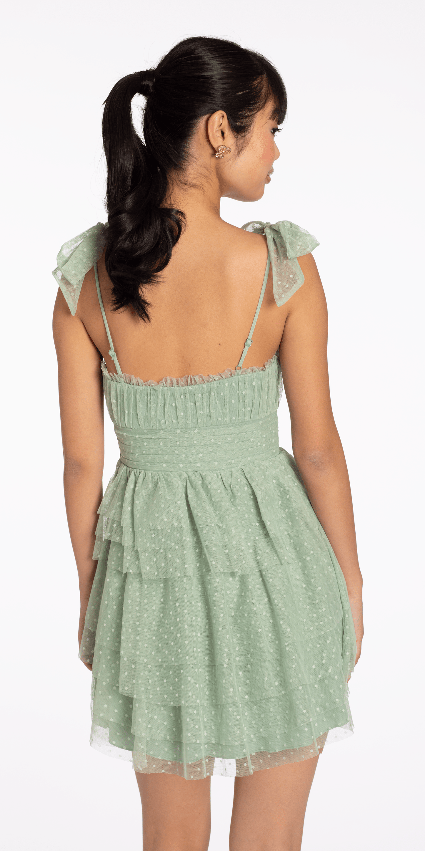 sage missy Size S Camille La Vie Tiered Mesh Embossed Fit and Flare Dress with Tie Straps