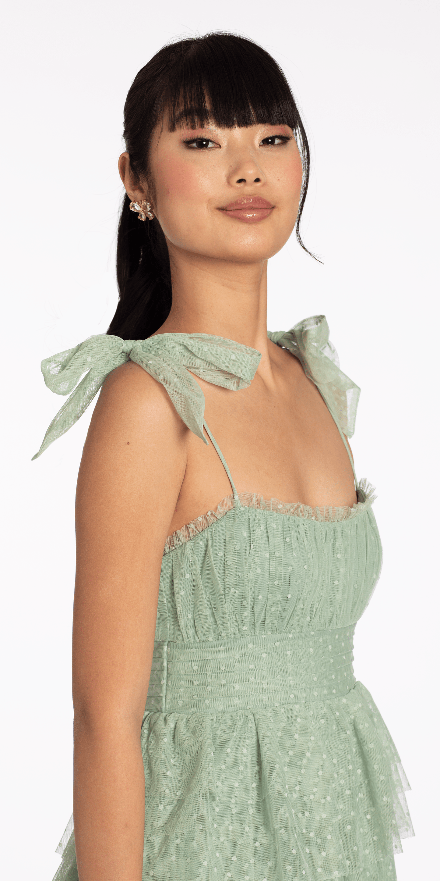 sage missy Size S Camille La Vie Tiered Mesh Embossed Fit and Flare Dress with Tie Straps