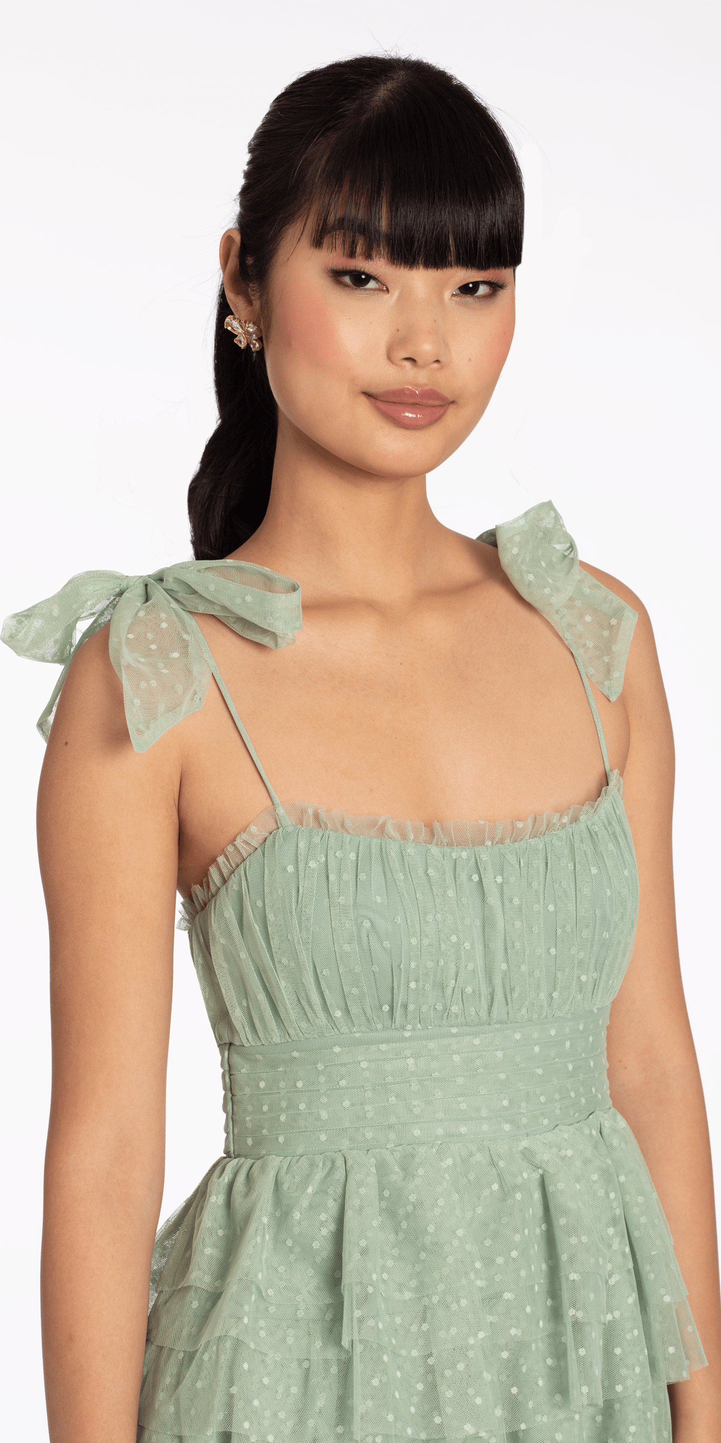 sage missy Size S Camille La Vie Tiered Mesh Embossed Fit and Flare Dress with Tie Straps