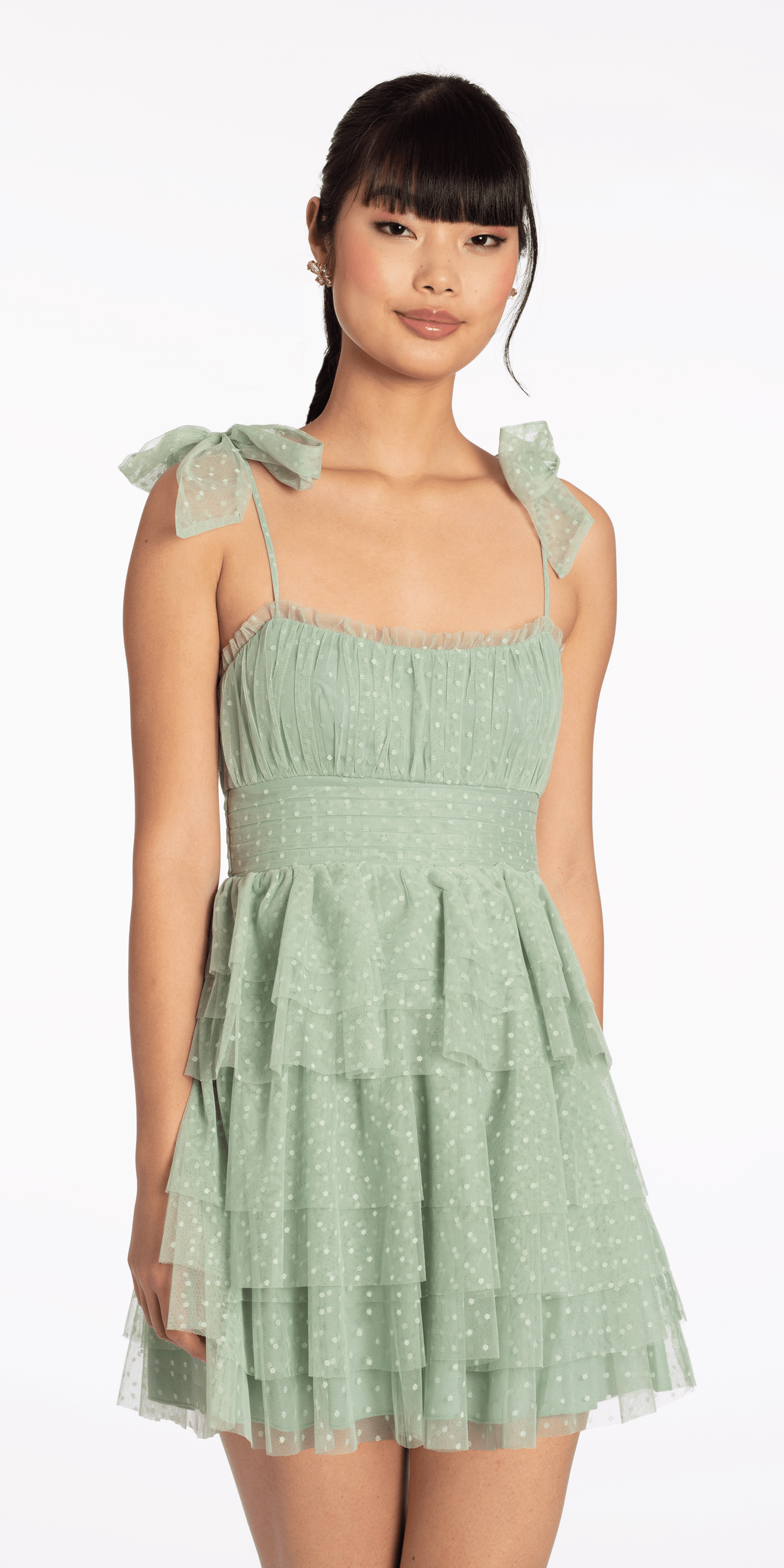 sage Size S missy Camille La Vie Tiered Mesh Embossed Fit and Flare Dress with Tie Straps