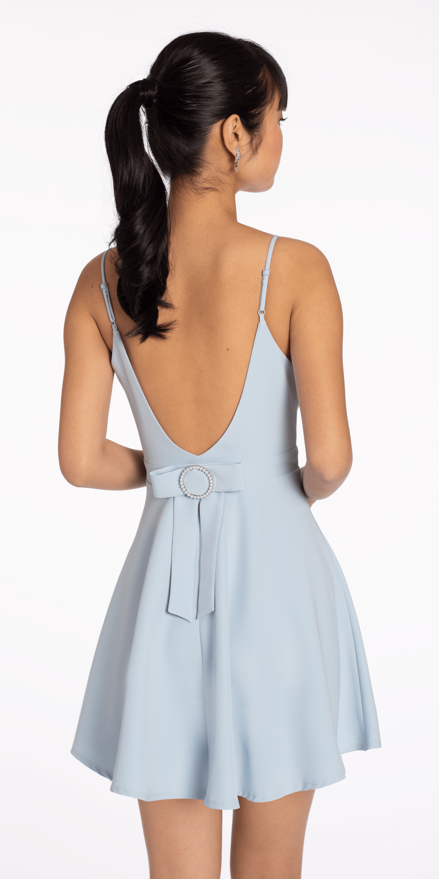 Camille La Vie V Back Scuba Skater Dress with Pearl Bow