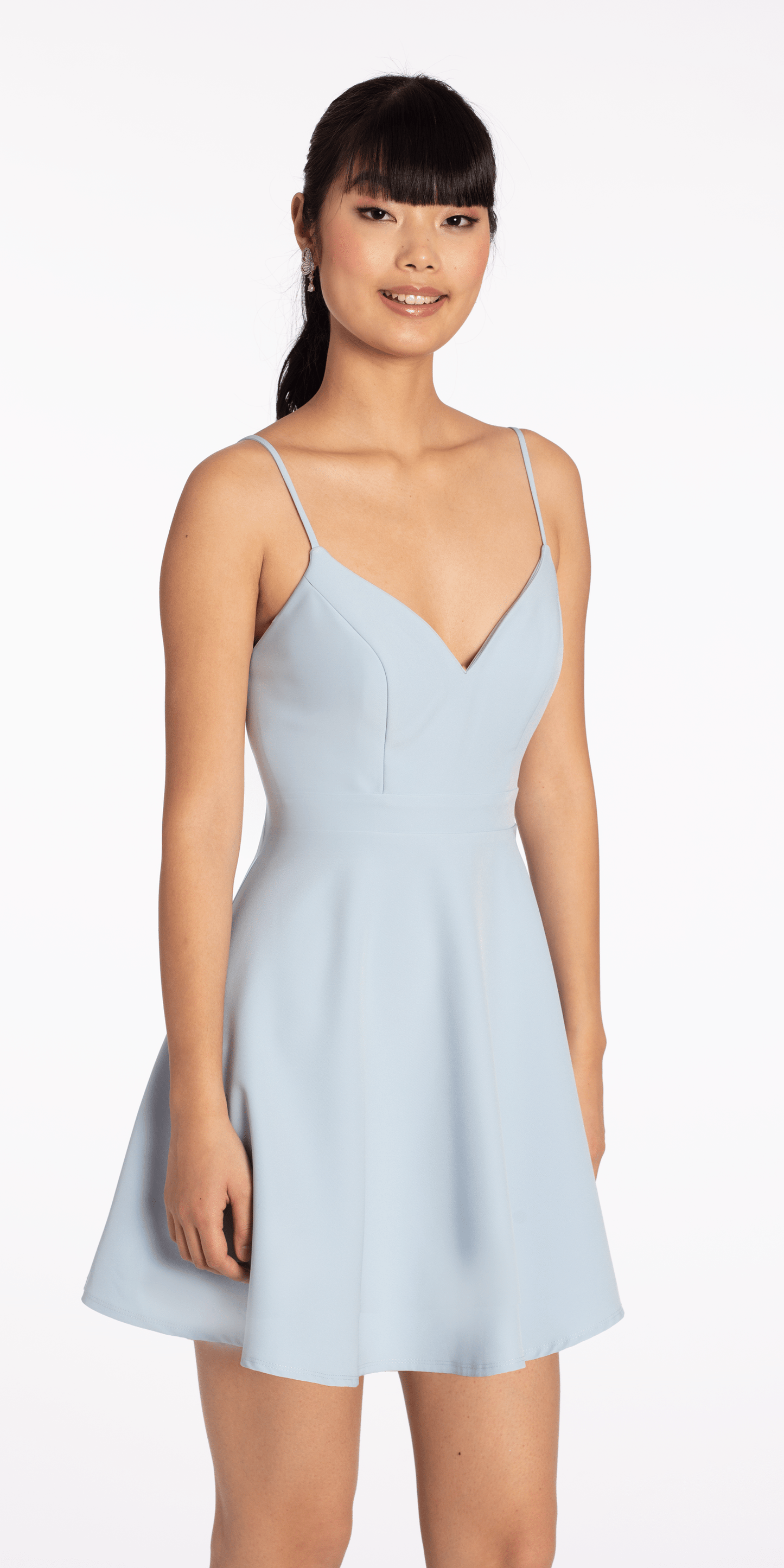 Camille La Vie V Back Scuba Skater Dress with Pearl Bow missy / 4 / sky-blue