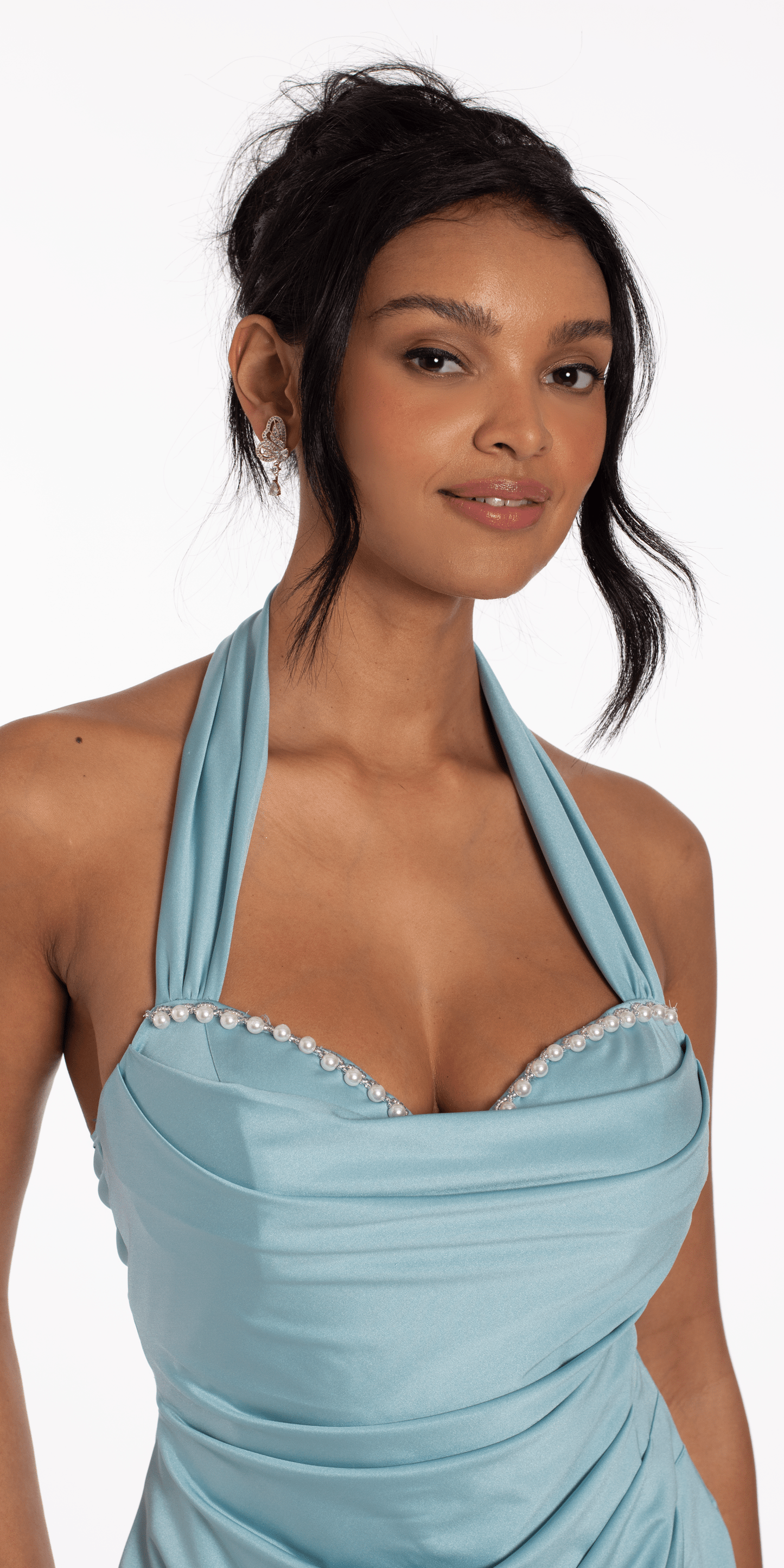 Light-Blue/Size S Missy/Camille La Vie/Pearl Sweetheart Satin Halter Bodycon Dress/Close Up