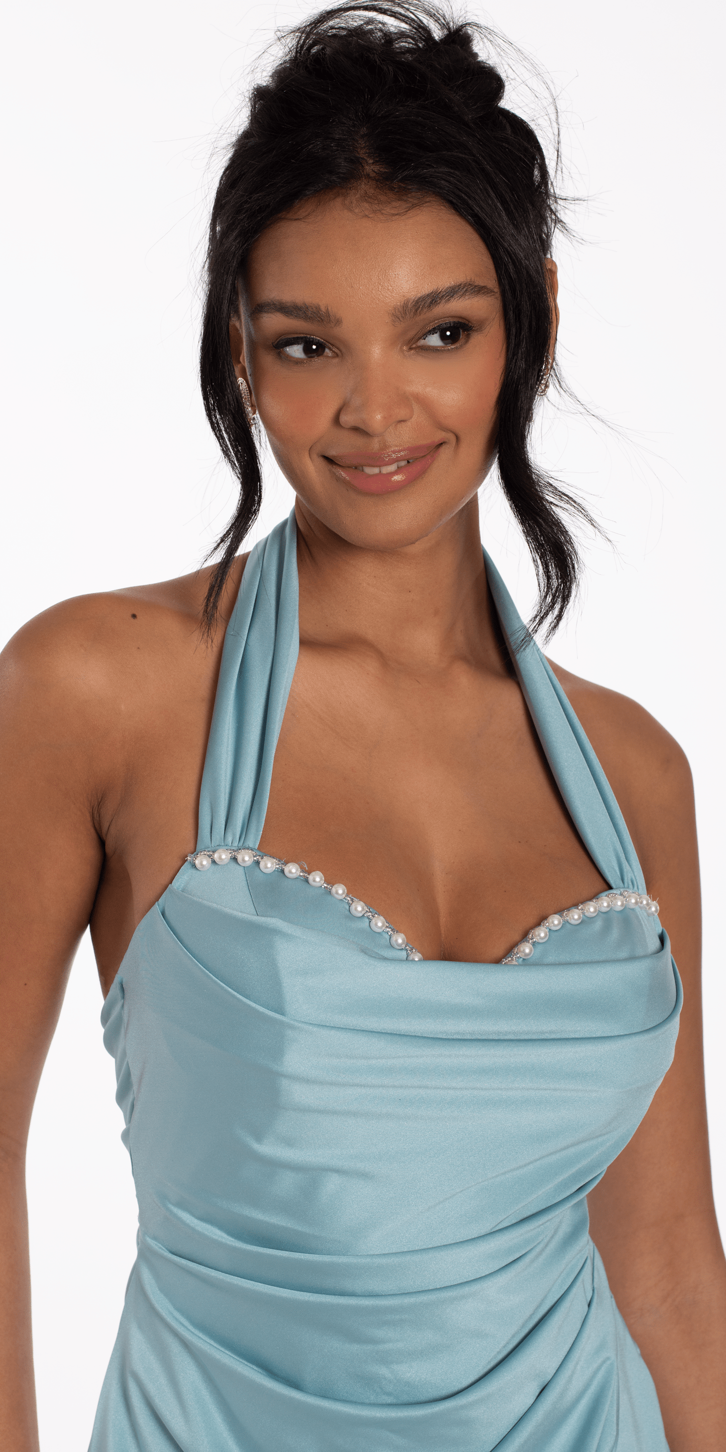 Light-Blue/Size S Missy/Camille La Vie/Pearl Sweetheart Satin Halter Bodycon Dress/Close Up Alternate