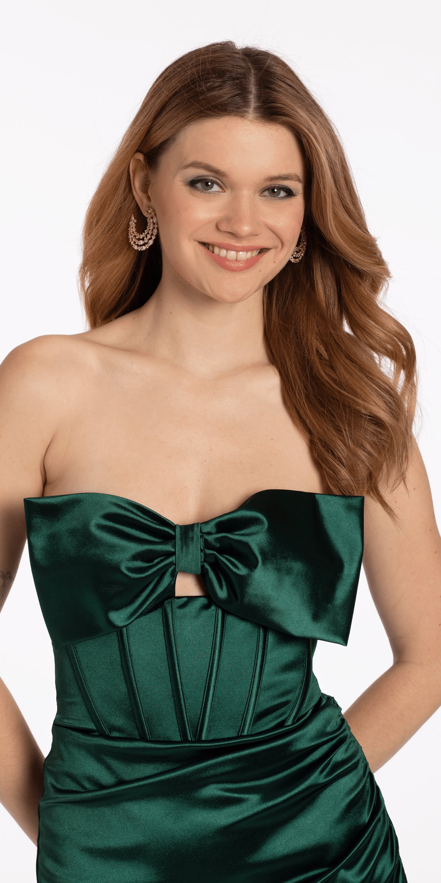 Camille La Vie /Bow Front Corset Satin Bodycon Dress /missy /size/ 4 / hunter green/close up