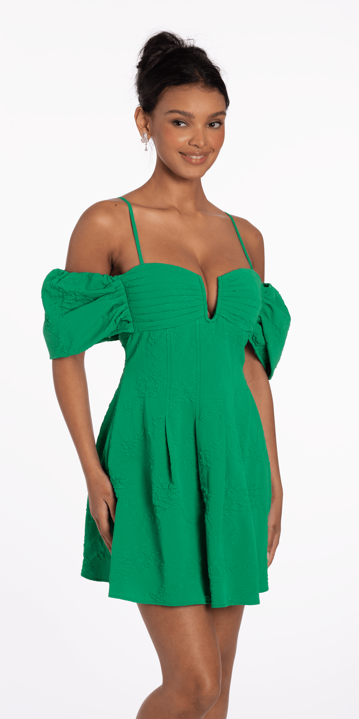 Camille La Vie/Knit Jacquard Plunge Puff Sleeve Fit and Flare Dress/ missy/size /s /emerald/alt2