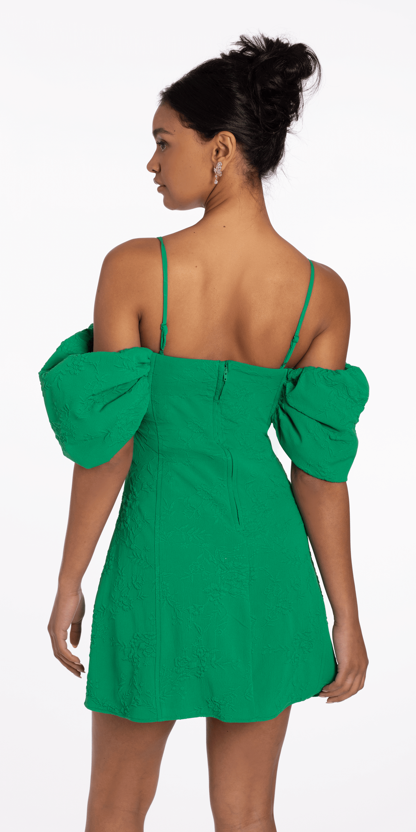 emerald/size/XL/missy/Camille La Vie/Knit Jacquard Plunge Puff Sleeve Fit and Flare Dress/back