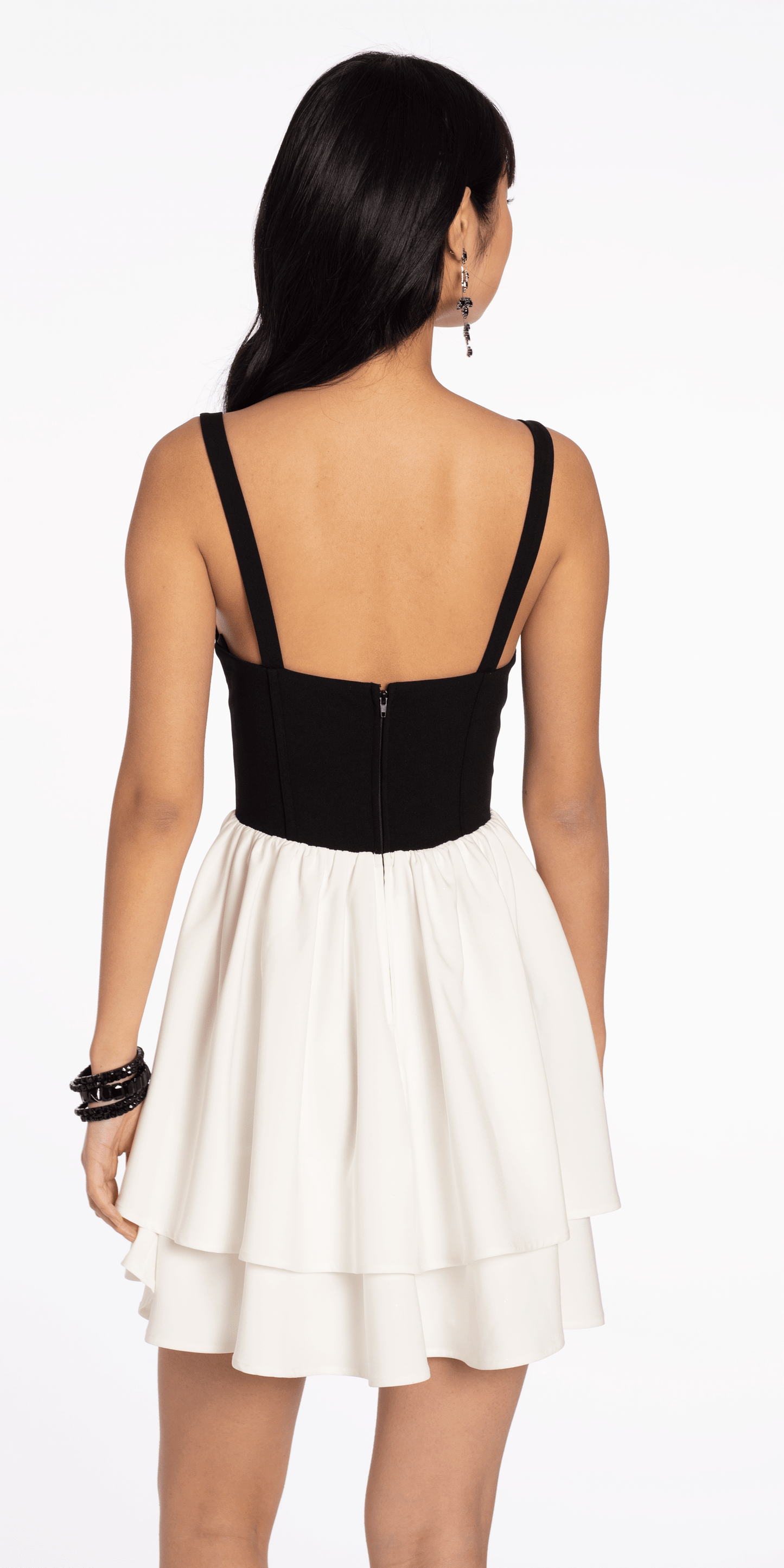 ivory-black/size/4/missy/Camille La Vie/Two Tone Sweetheart Scuba Tiered Fit and Flare Dress/back alt