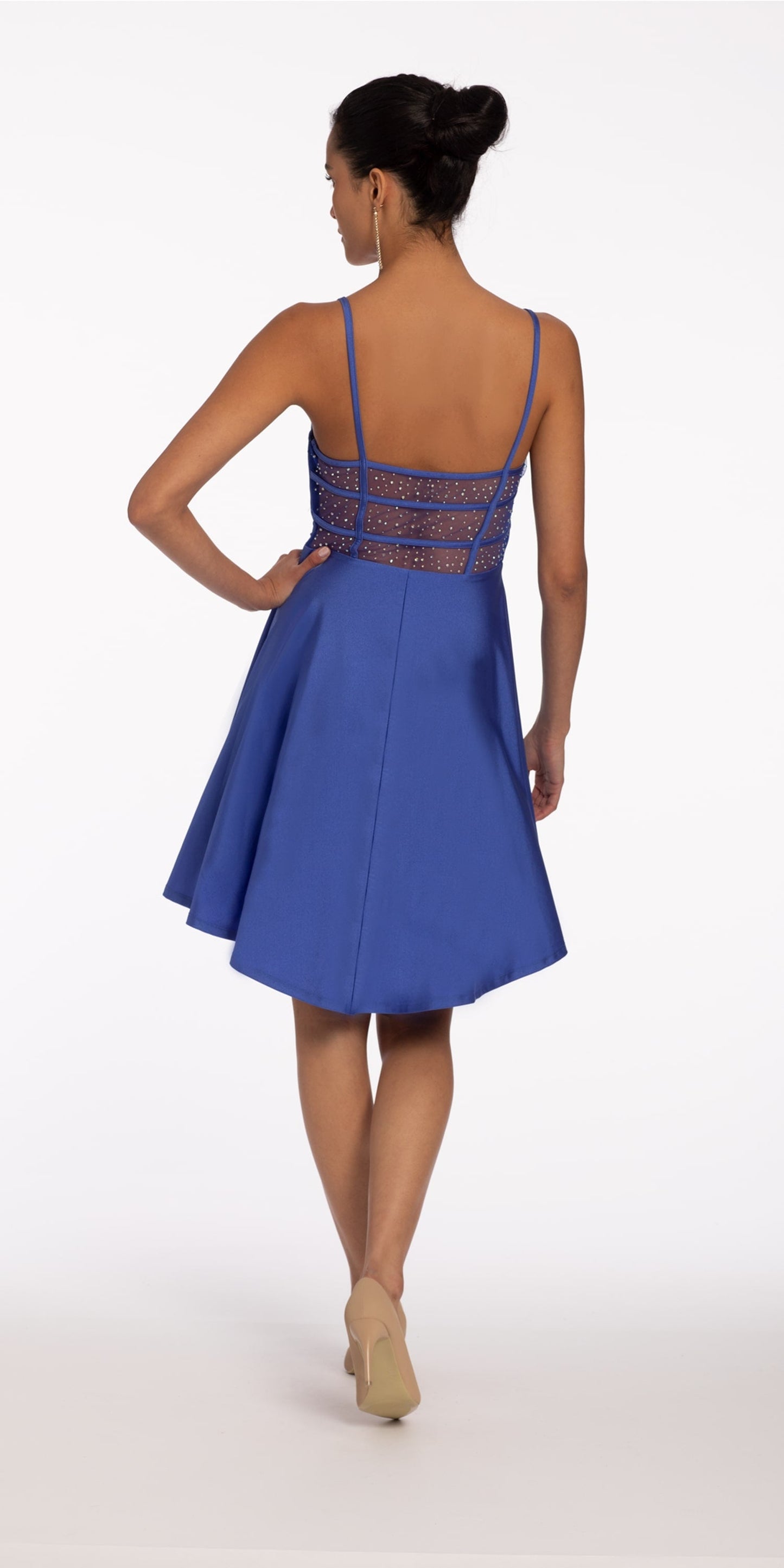 Camille La Vie Stretch Satin Illusion Back Skater Dress with Heat Set Stones
