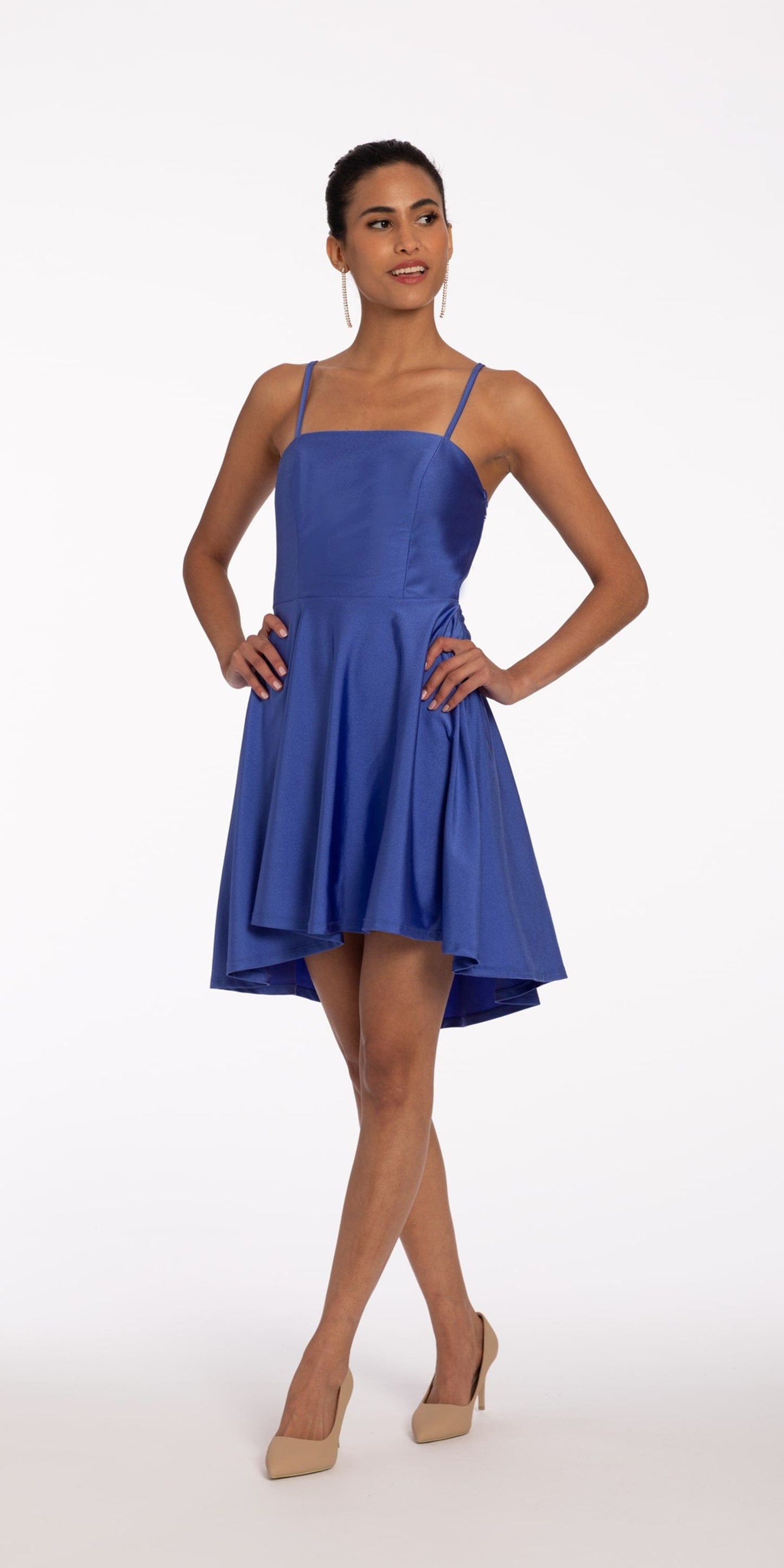 Camille La Vie Stretch Satin Illusion Back Skater Dress with Heat Set Stones missy / 4 / royal-blue