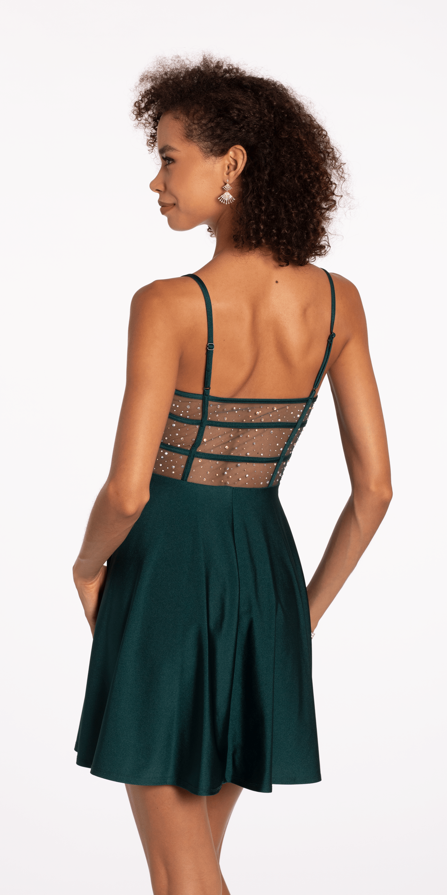 hunter-green Size 6 missy Camille La Vie Satin Skater Dress with Beaded Illusion Back Panel