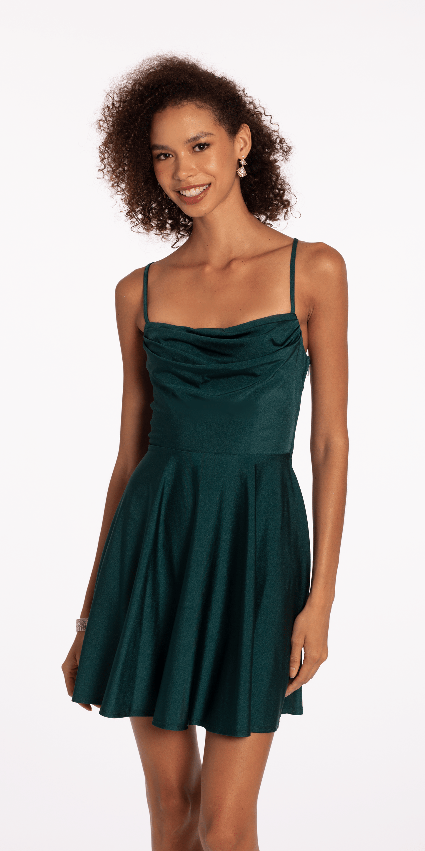 hunter-green Size 4 missy Camille La Vie Satin Skater Dress with Beaded Illusion Back Panel