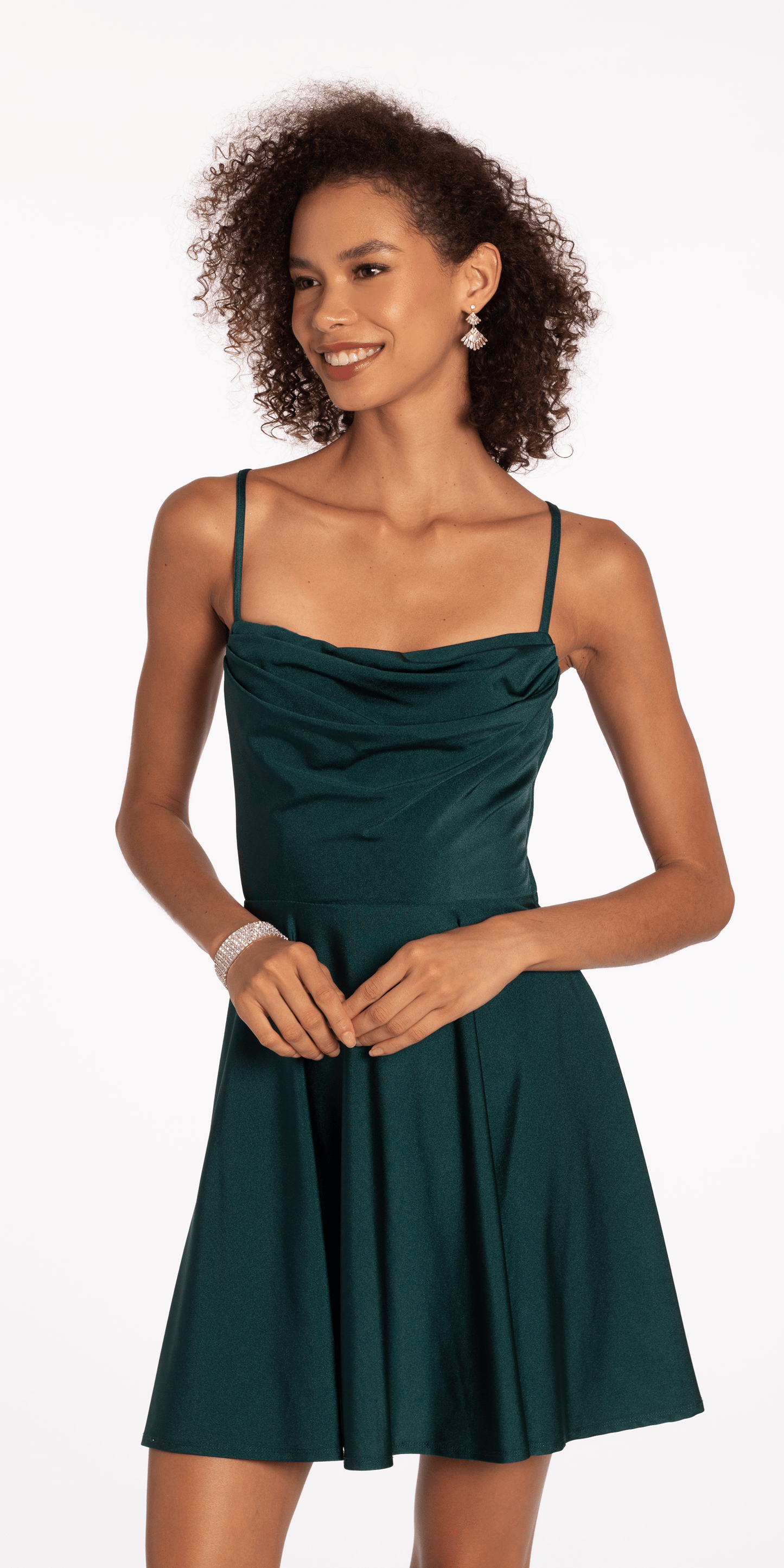 hunter-green Size 6 missy Camille La Vie Satin Skater Dress with Beaded Illusion Back Panel
