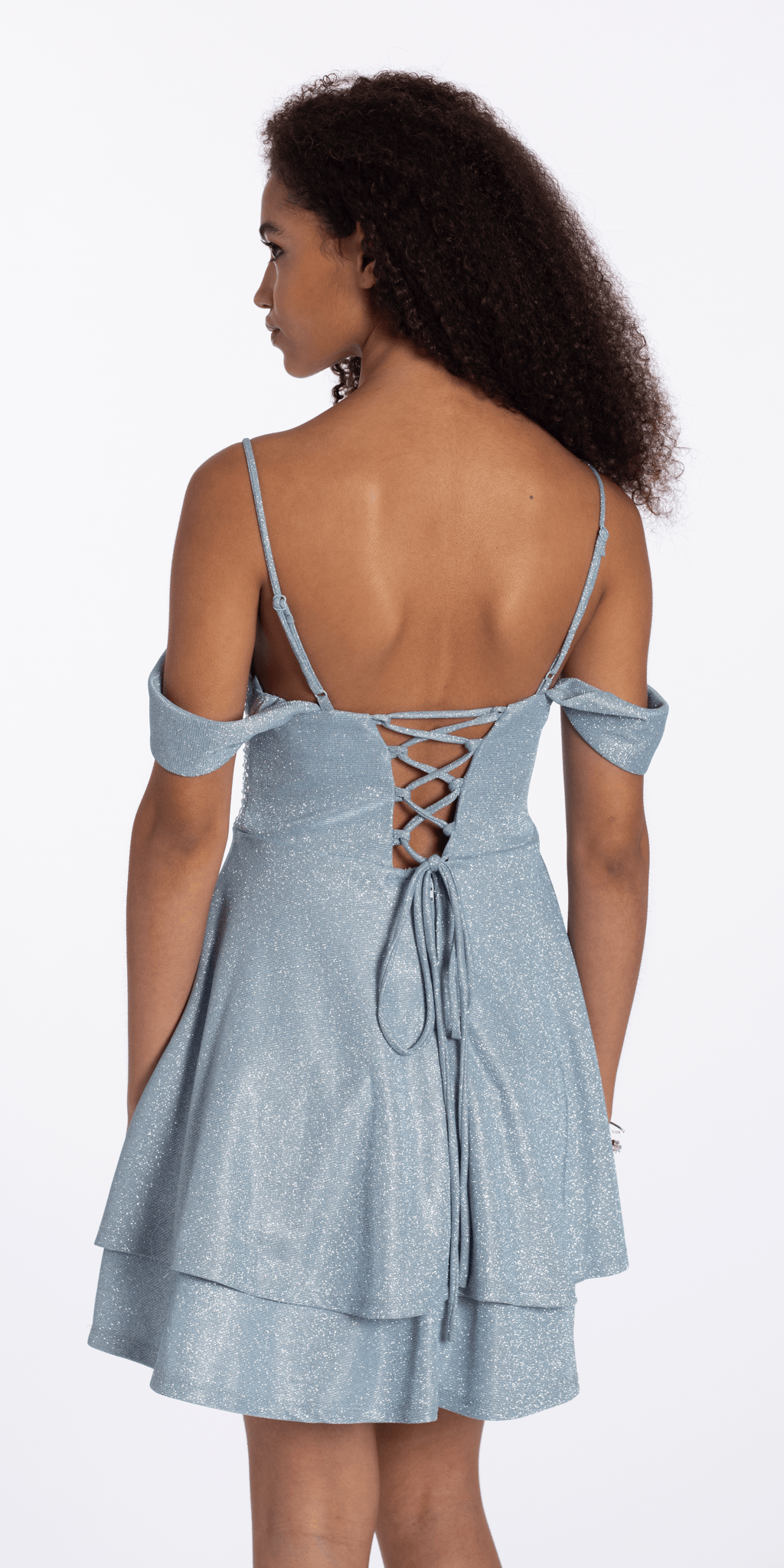 sky-blue/size/4/Camille La Vie/ Shimmer Off the Shoulder Embellished Corset Fit and Flare Dress/back