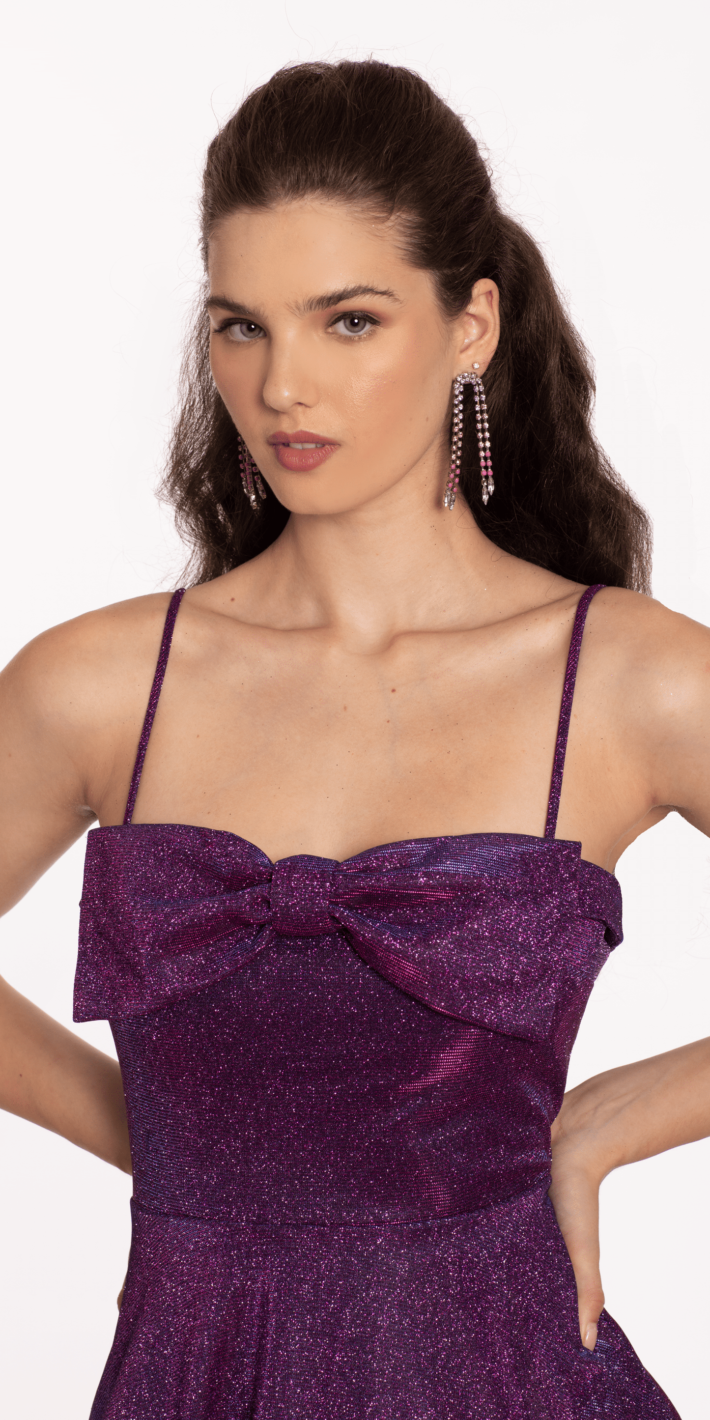 grape Size 6 missy Camille La Vie Bow Front Glitter Fit and Flare Dress